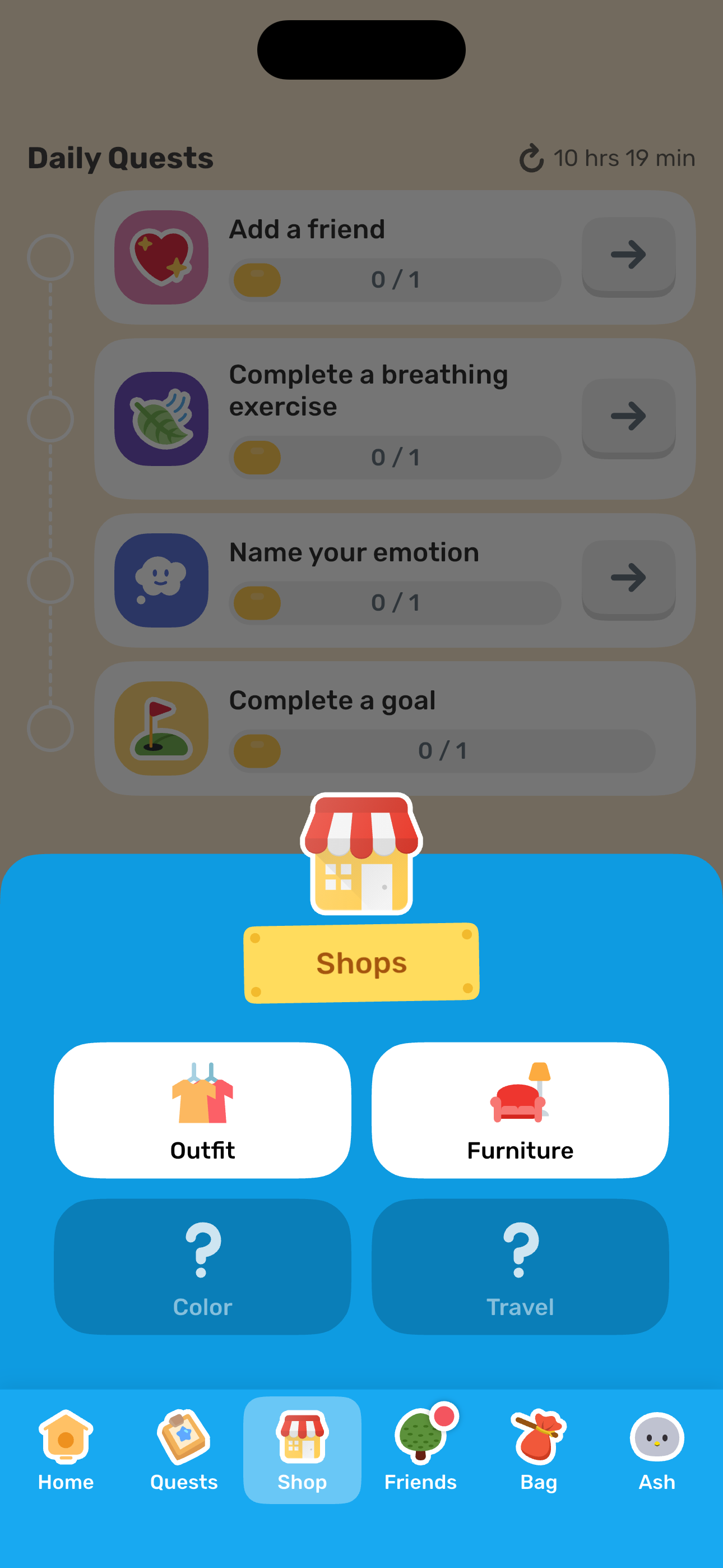 Shop — category selector sheet
