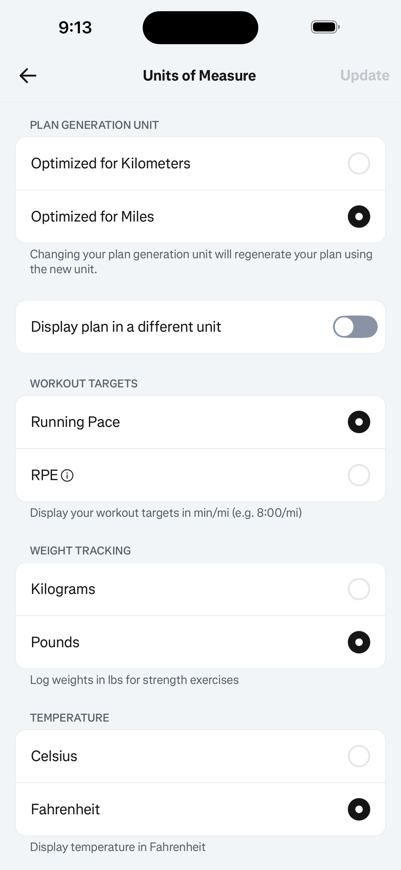 Settings — Units of Measure