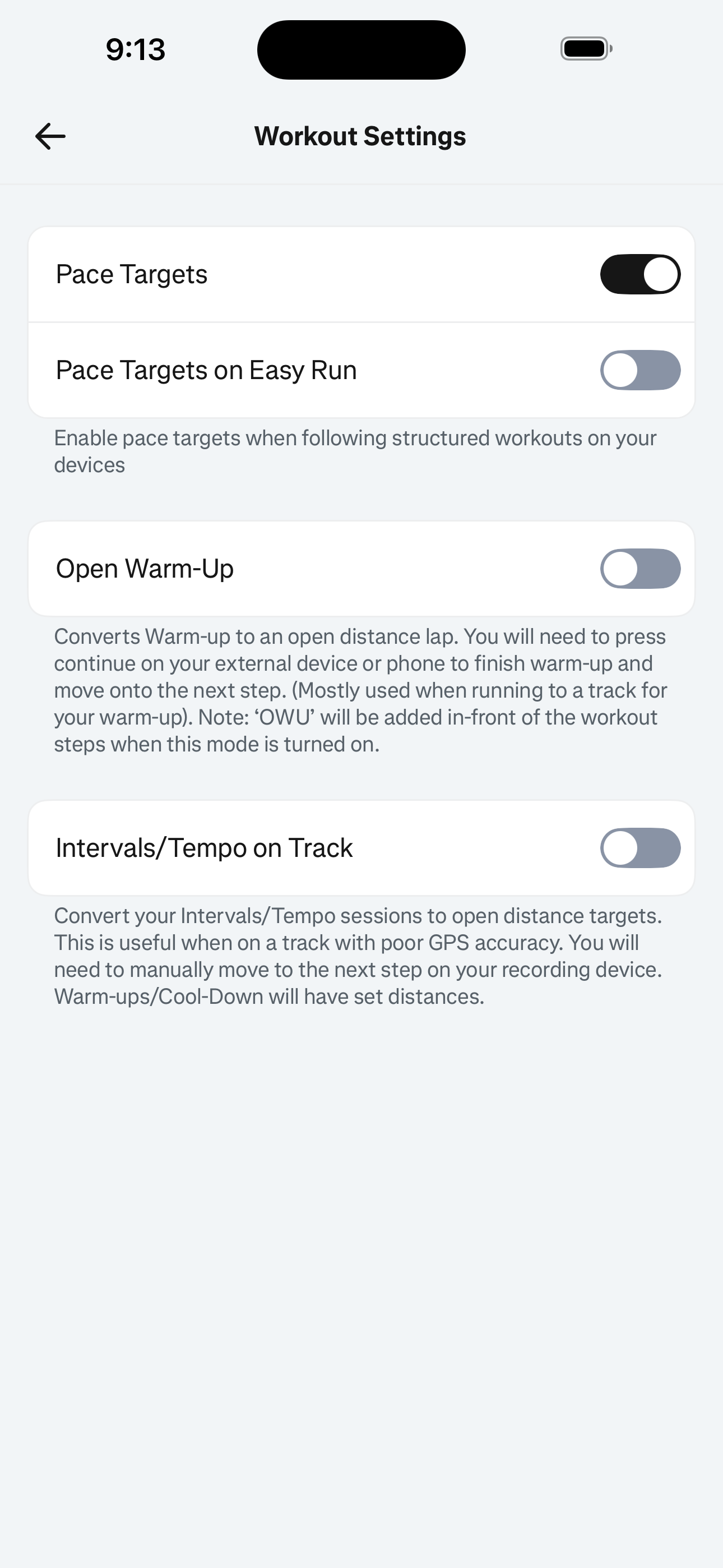 Settings — Workout Settings
