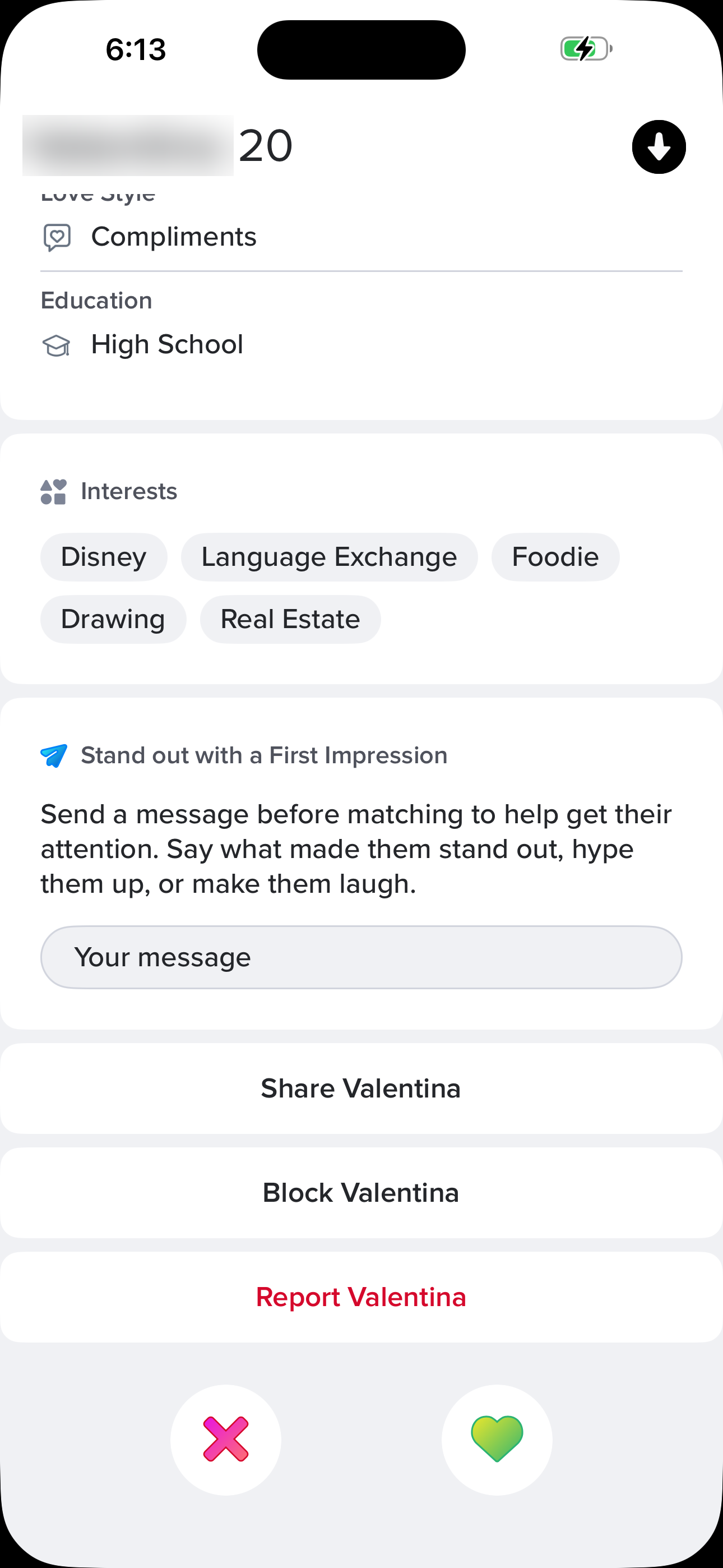 Tinder Match Profile Detail (bottom) screen in Read someone's full profile flow