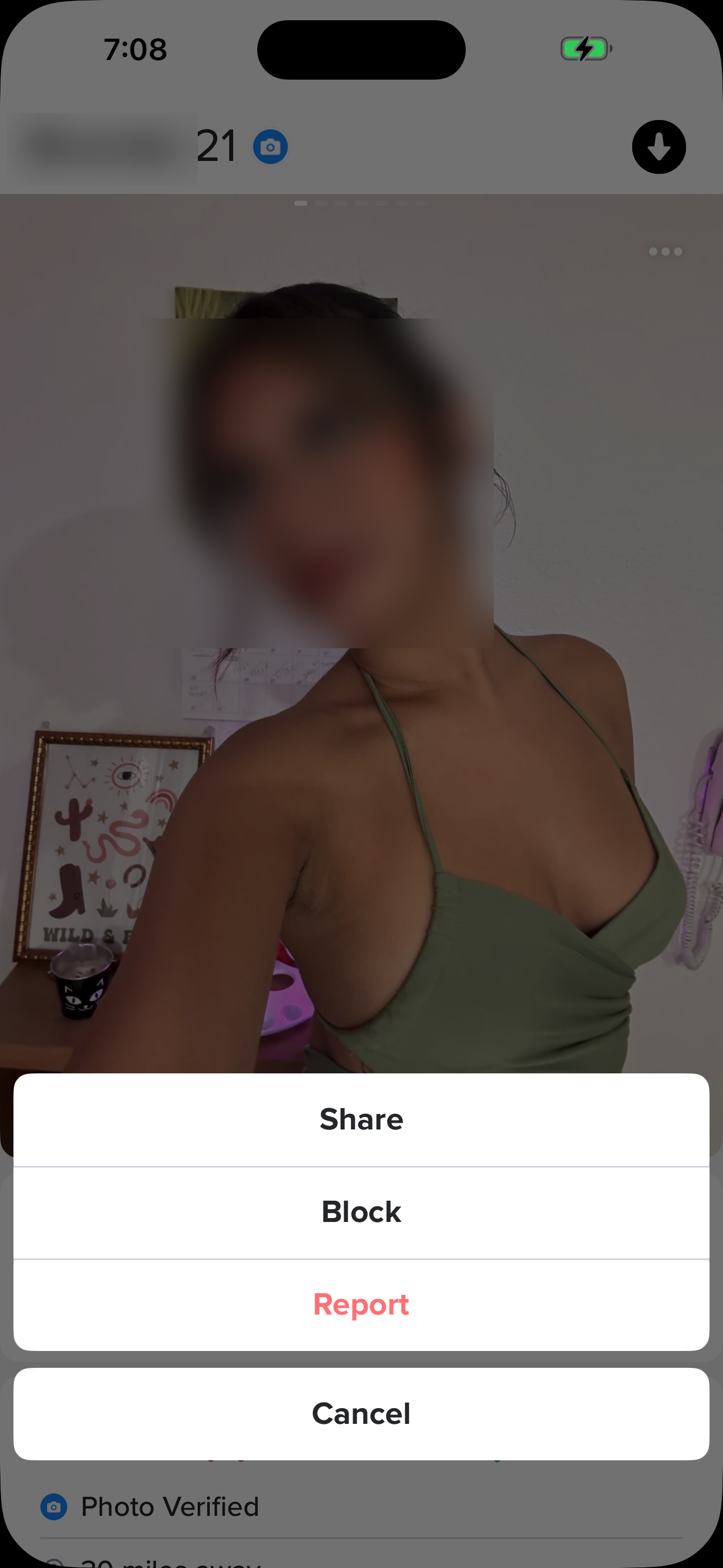 Tinder Profile Overflow (action sheet) screen in Block or report someone flow
