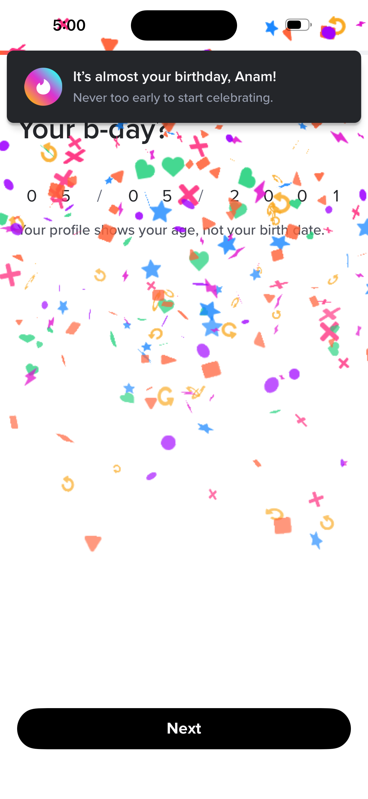 Tinder Onboarding — Birthday screen in the Sign up — basics (name → bio) flow