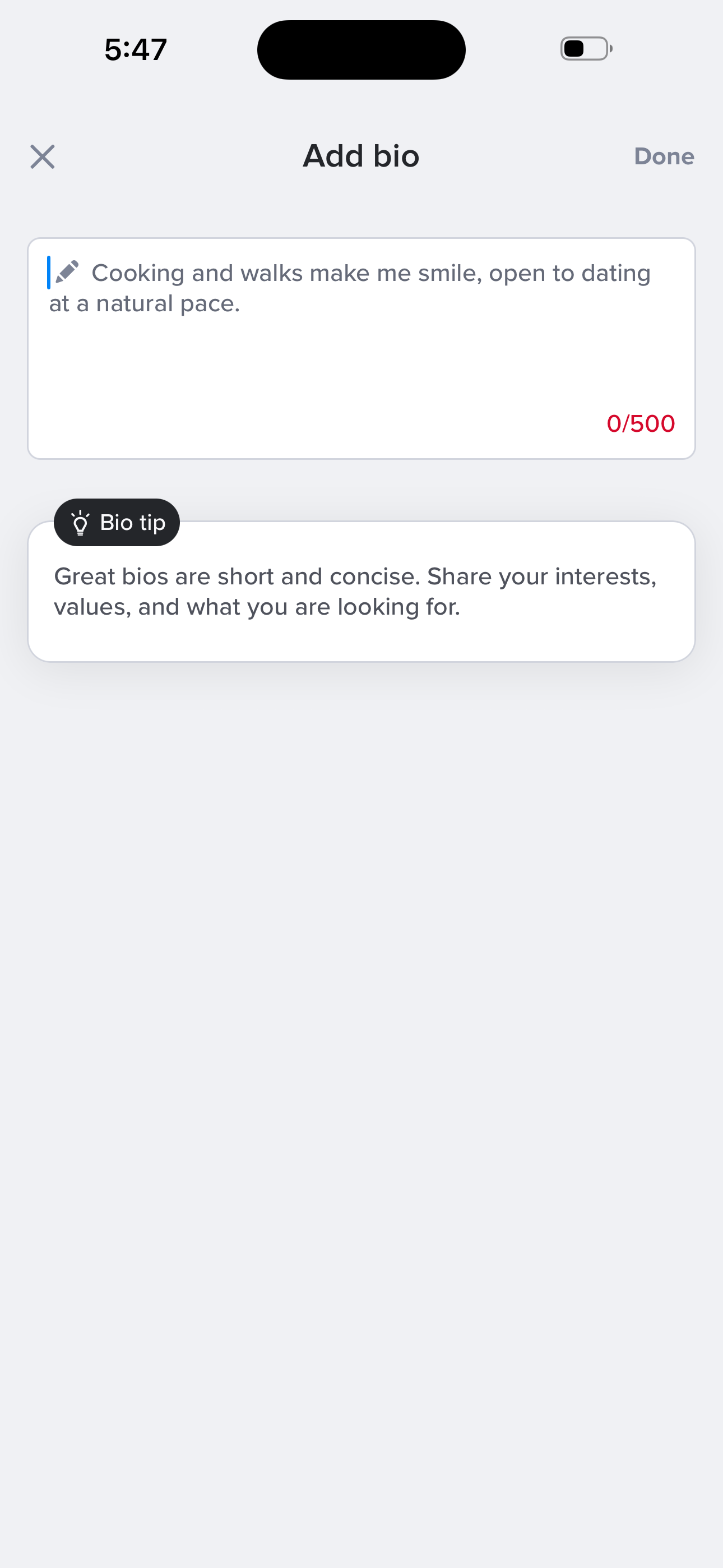 Tinder Onboarding — Add Bio screen in the Sign up — basics (name → bio) flow