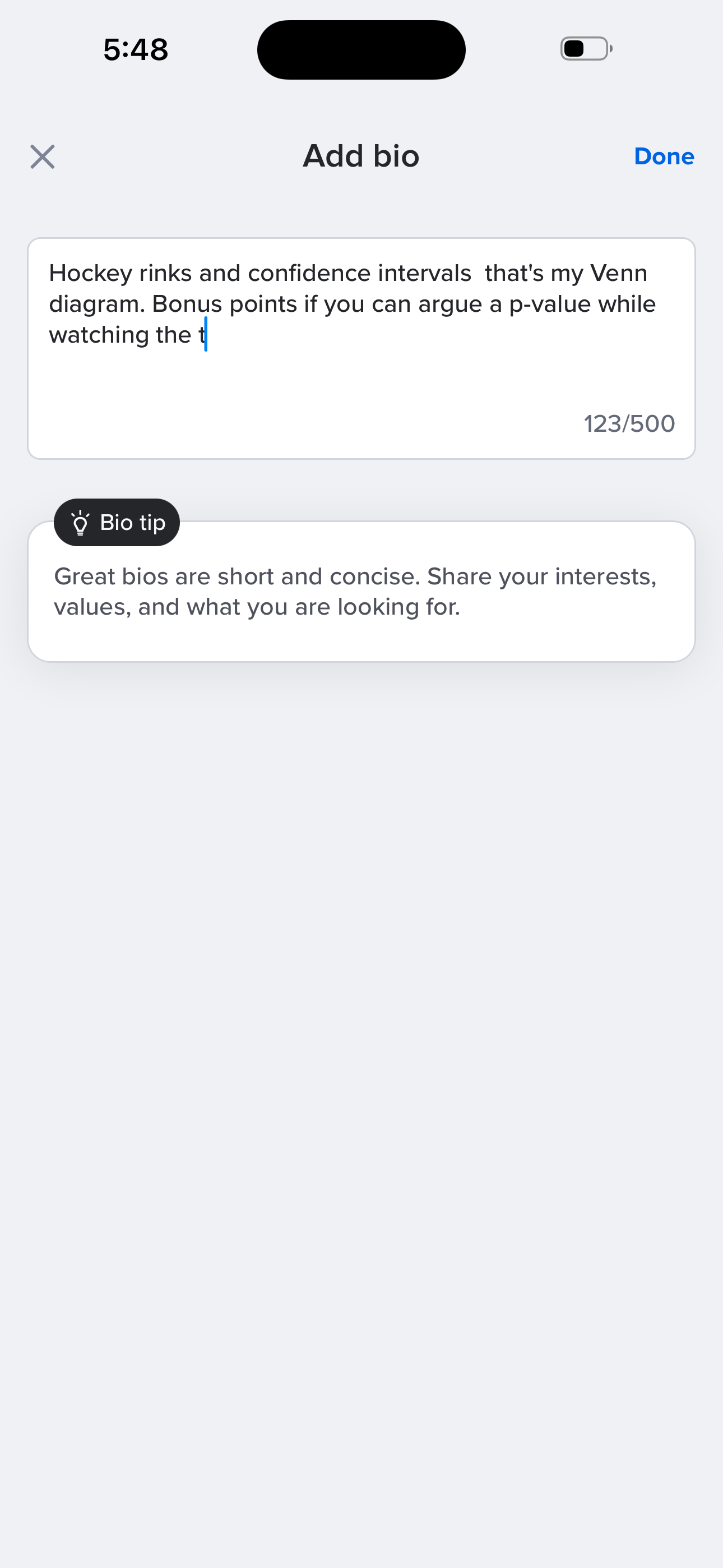Tinder Onboarding — Bio (filled) screen in Sign up — basics (name → bio) flow