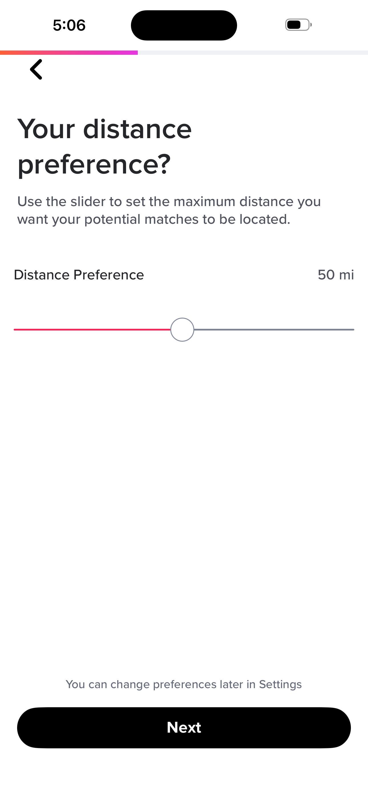 Tinder Onboarding — Distance Preference screen in the Sign up — basics (name → bio) flow