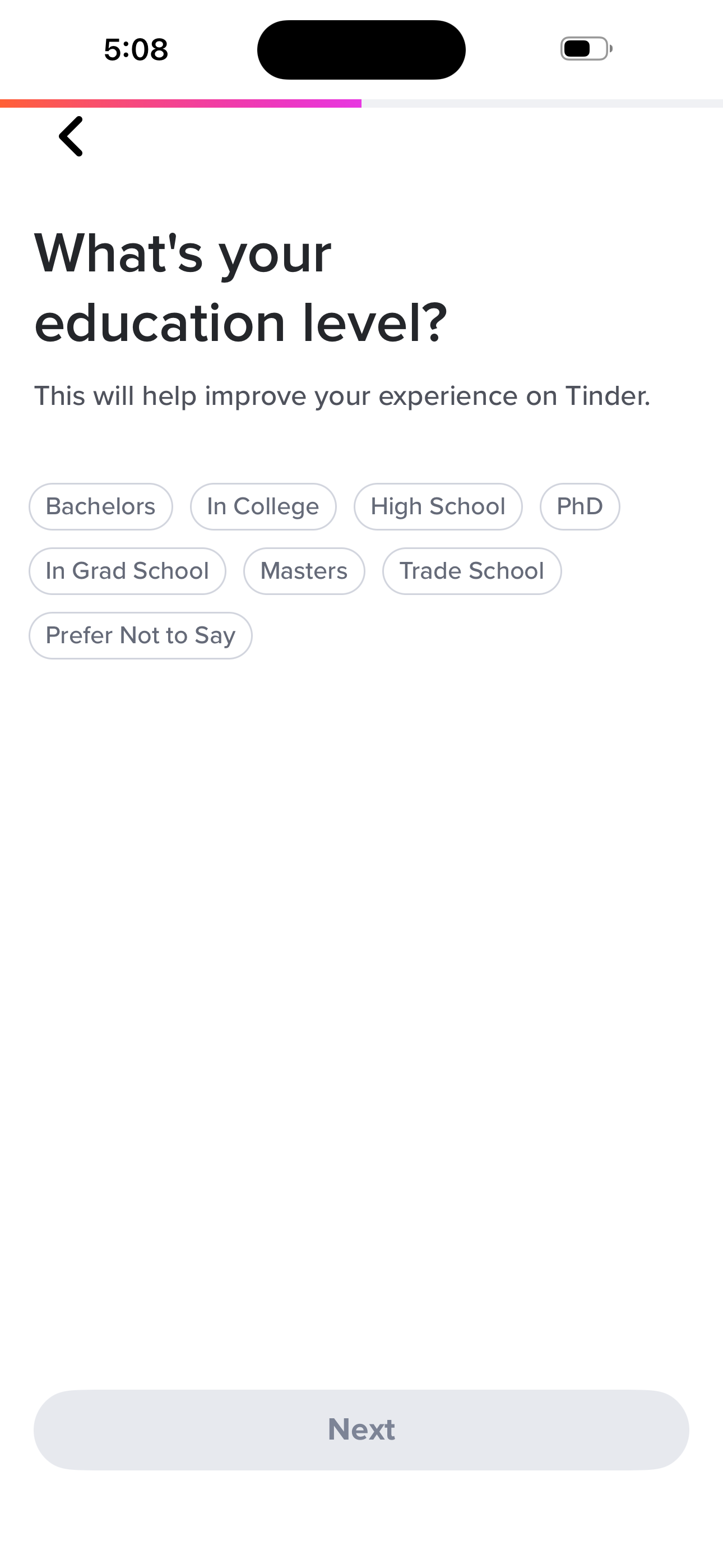 Tinder Onboarding — Education Level screen in Sign up — basics (name → bio) flow