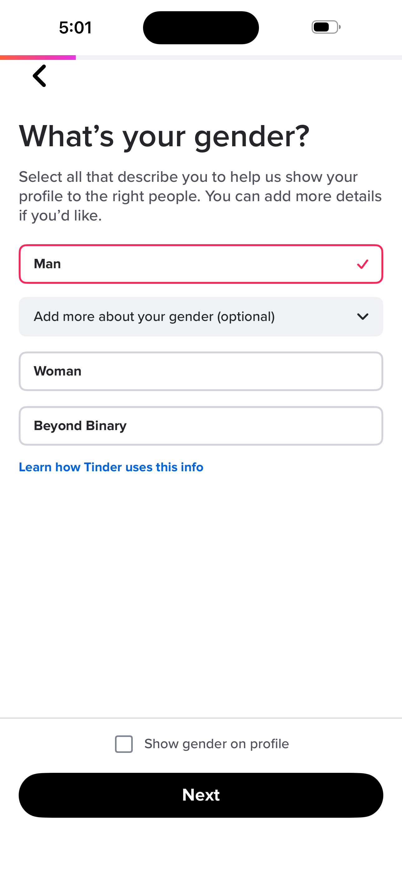 Tinder Onboarding — Gender screen in the Sign up — basics (name → bio) flow