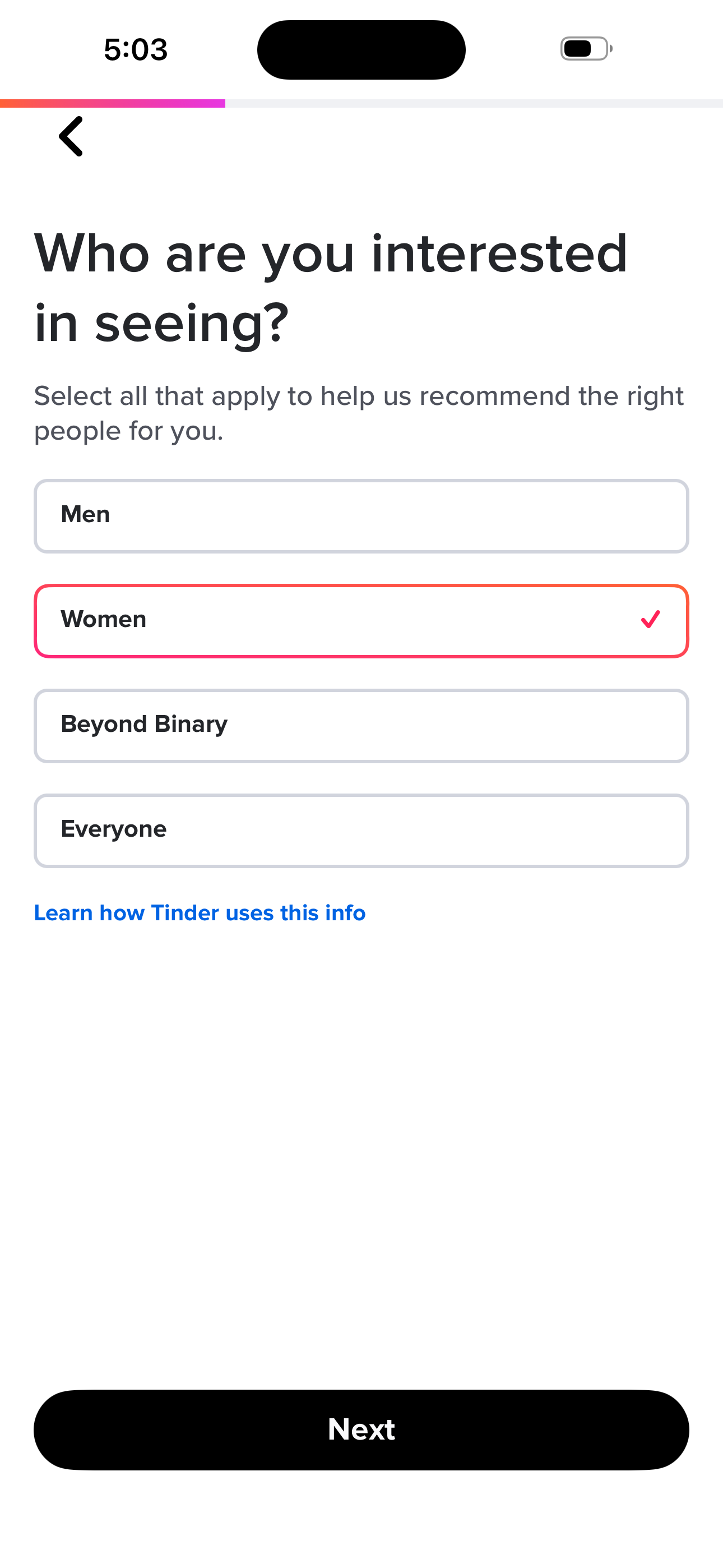 Tinder Onboarding — Interested In screen in the Sign up — basics (name → bio) flow