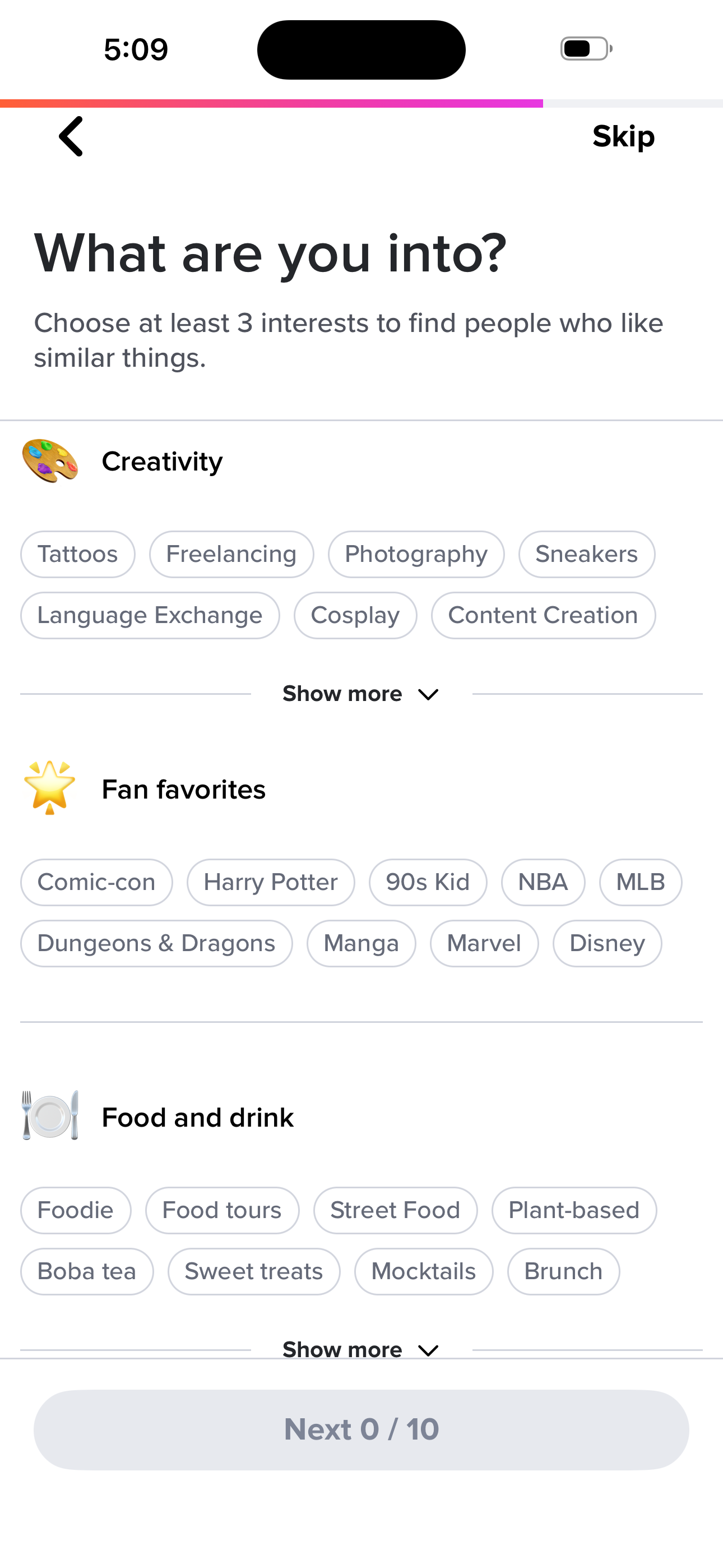 Tinder Onboarding — Interests screen in the Sign up — basics (name → bio) flow