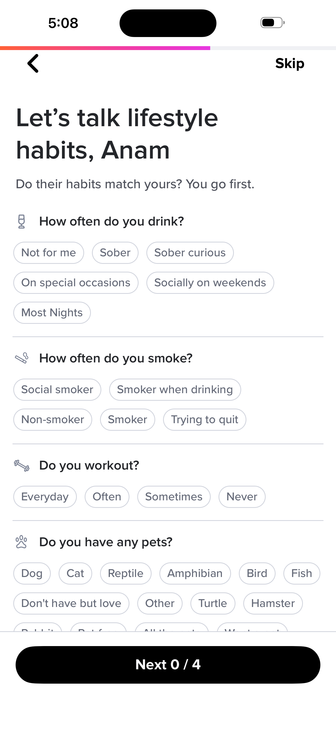 Tinder Onboarding — Lifestyle Habits screen in the Sign up — basics (name → bio) flow