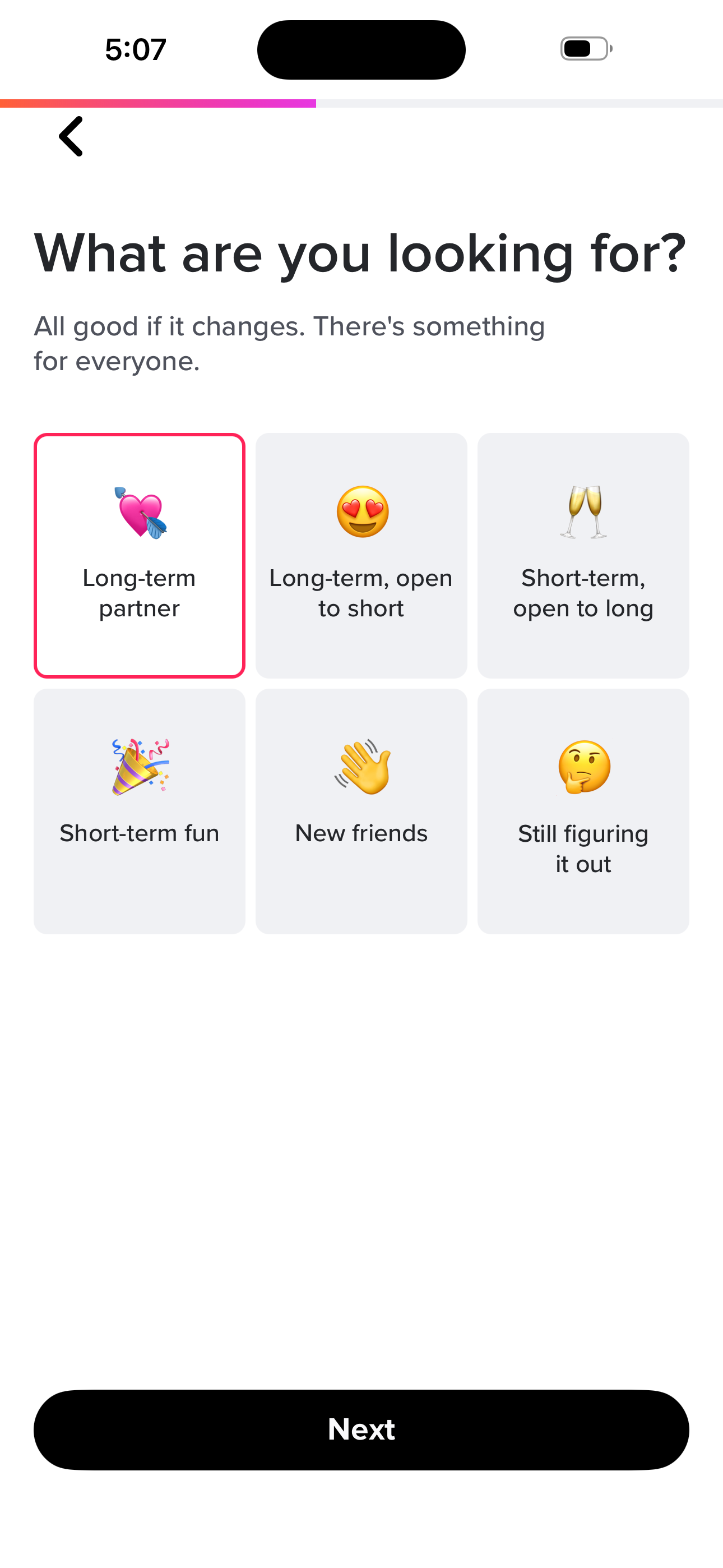 Tinder Onboarding — Relationship Goal screen in the Sign up — basics (name → bio) flow