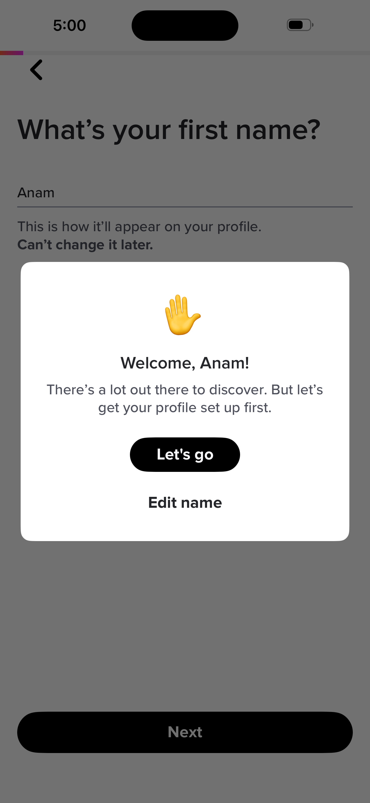Tinder Onboarding — Welcome <Name> Modal screen in the Sign up — basics (name → bio) flow