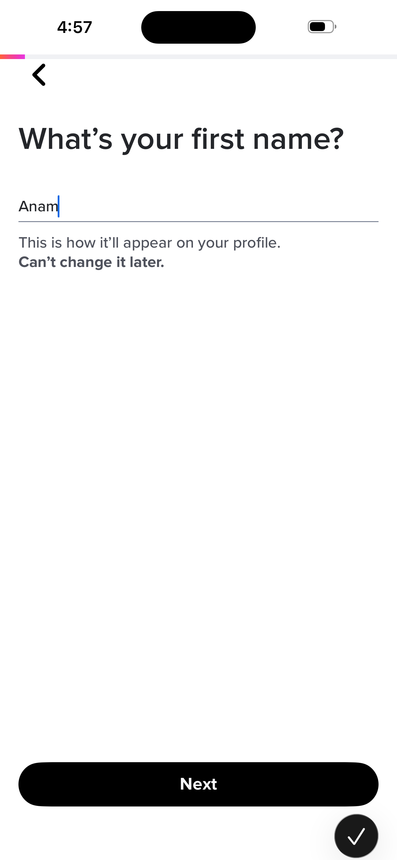 Tinder Onboarding — First Name screen in the Sign up — basics (name → bio) flow
