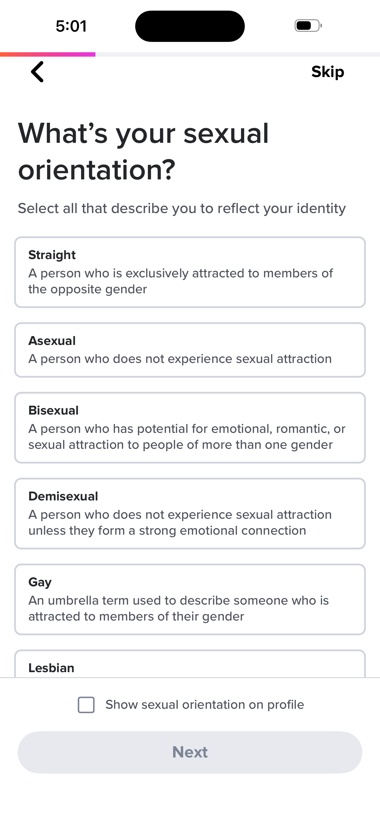 Tinder Onboarding — Sexual Orientation screen in the Sign up — basics (name → bio) flow