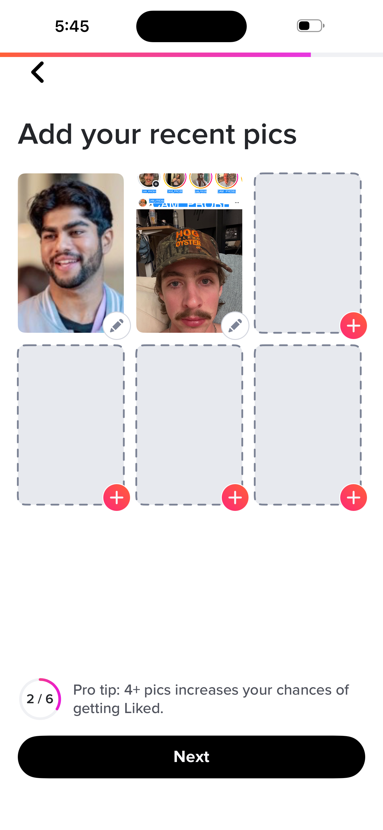 Tinder Onboarding — Photos (2 of 6) screen in the Sign up — basics (name → bio) flow