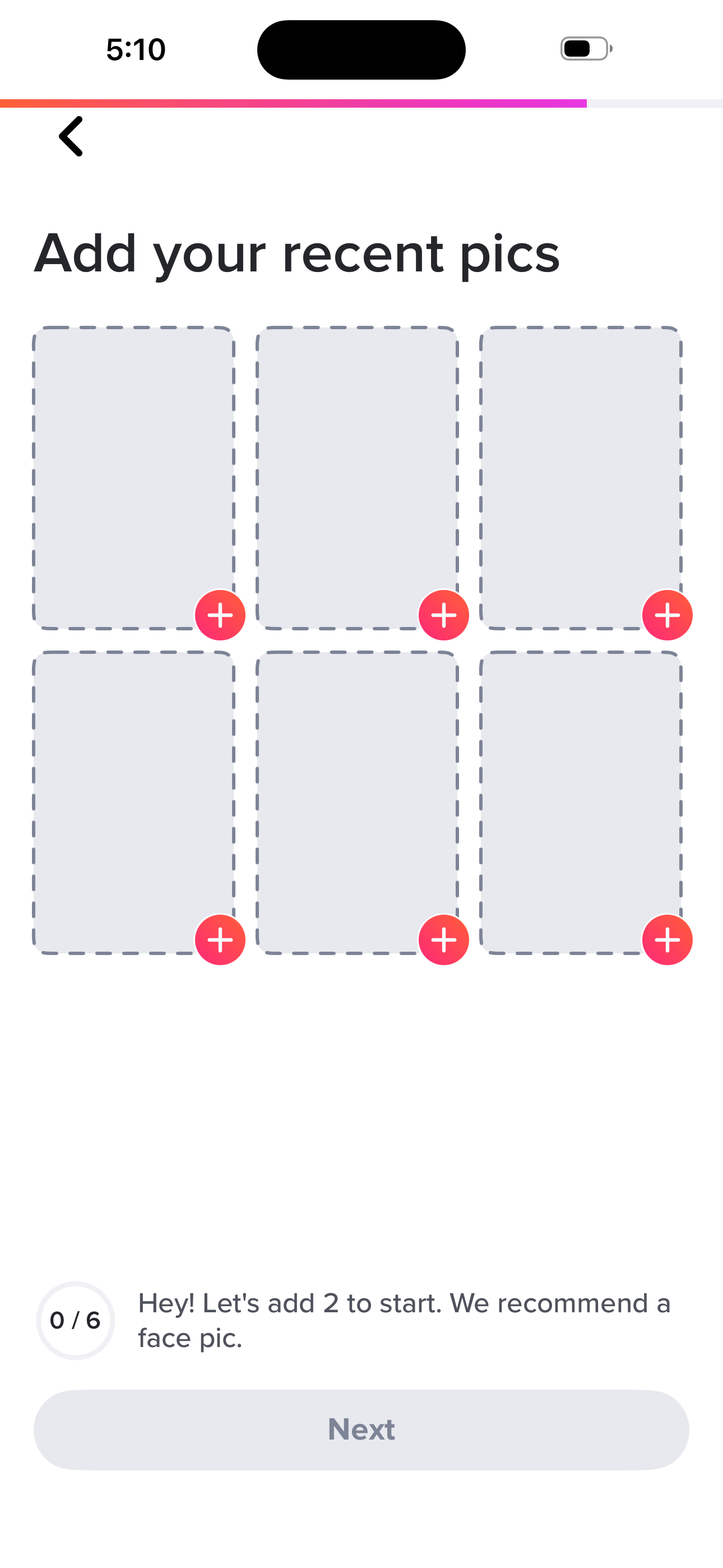 Tinder Onboarding — Add Photos screen in the Sign up — basics (name → bio) flow