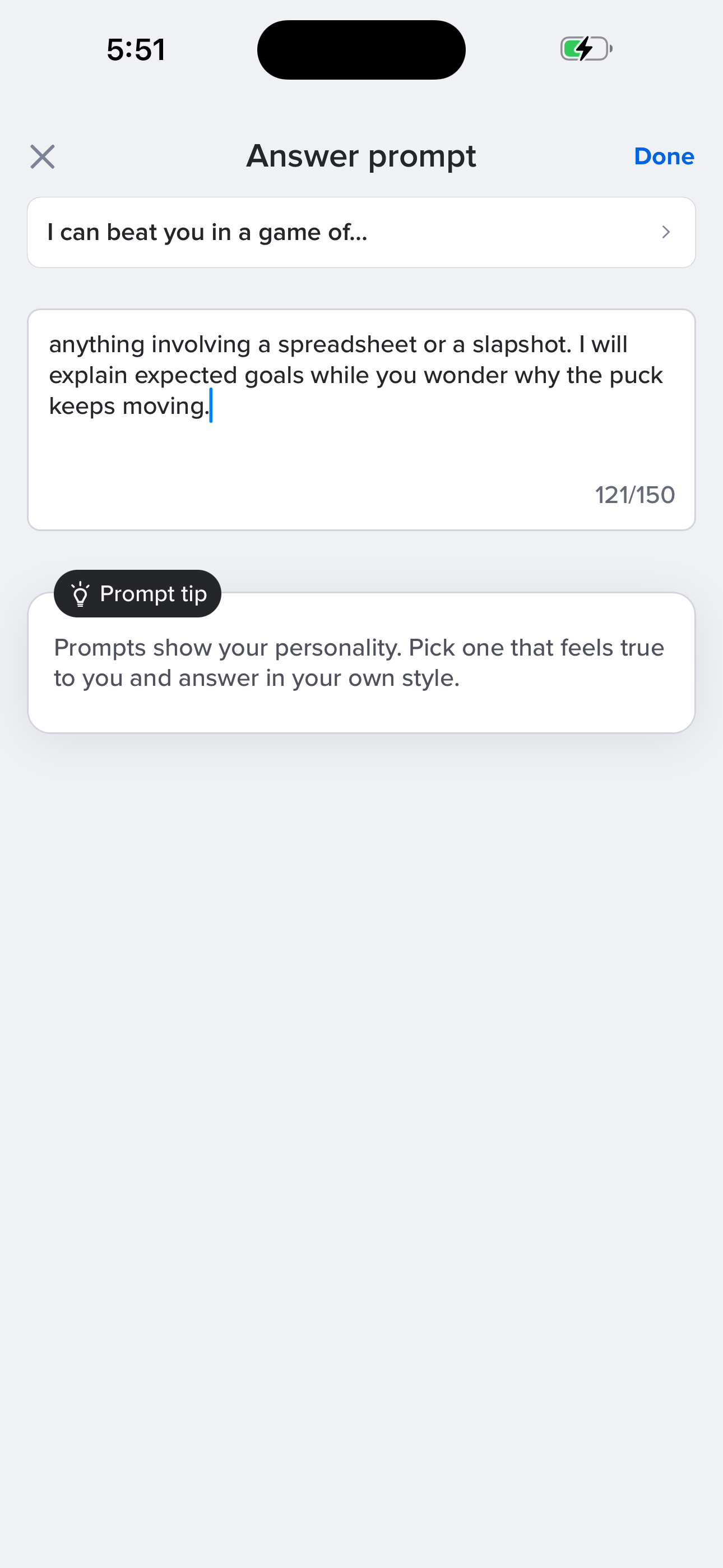 Tinder Onboarding — Answer Prompt (filled) screen in Sign up — pick & answer a prompt flow