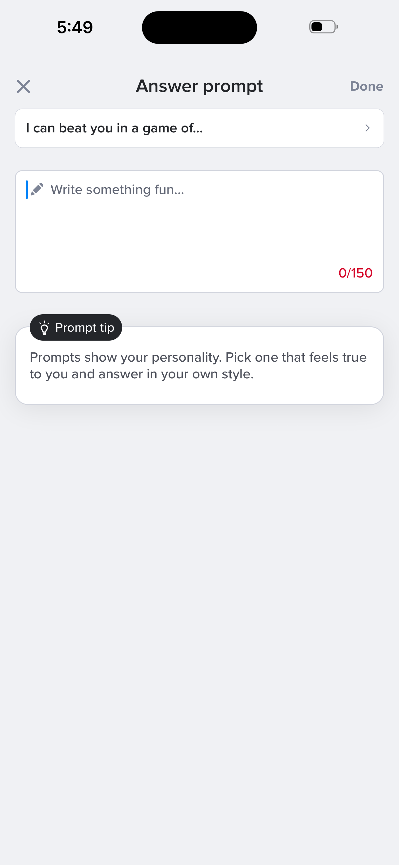 Tinder Onboarding — Answer Prompt screen in Sign up — pick & answer a prompt flow