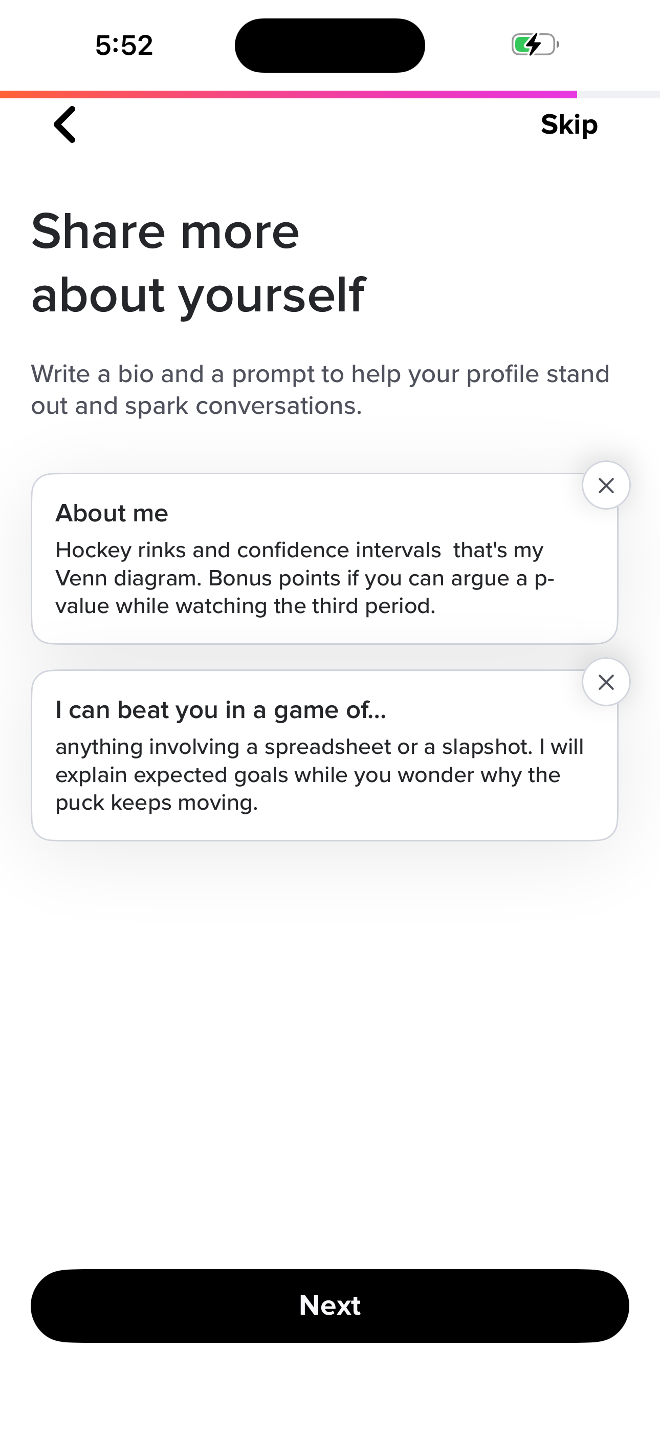 Tinder Onboarding — Share More (filled) screen in Sign up — defer Face Check, land on home flow
