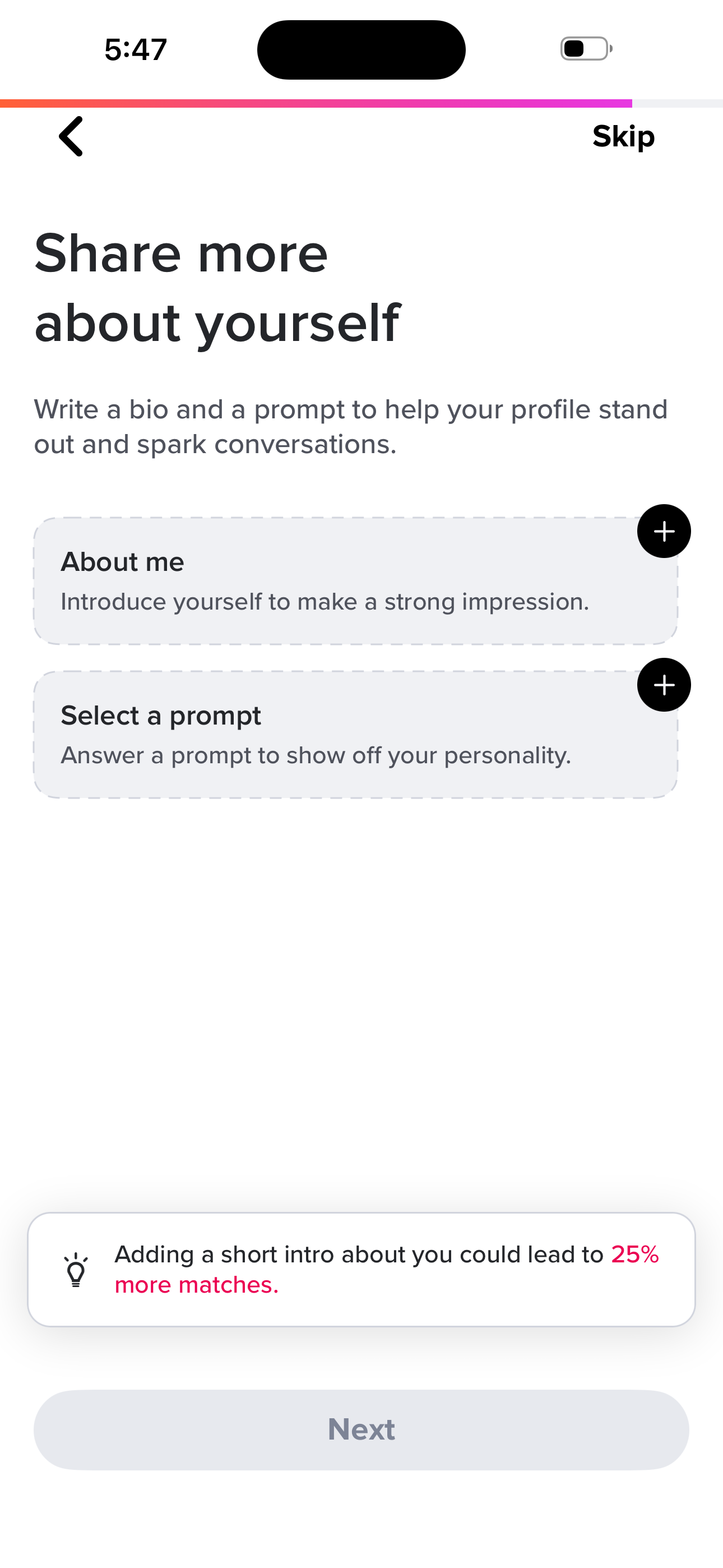 Tinder Onboarding — Share More About Yourself screen in Sign up — pick & answer a prompt flow