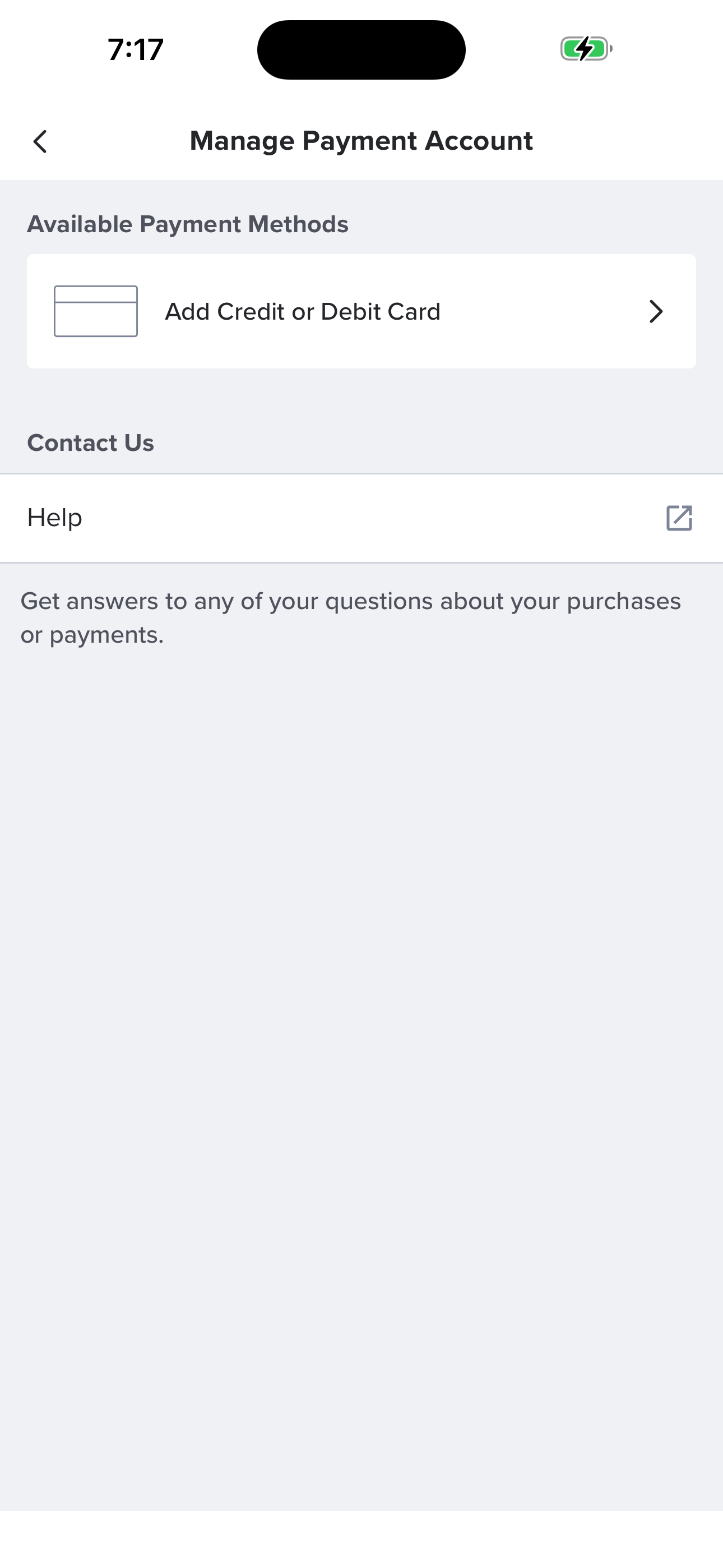 Settings — Manage Payment Account