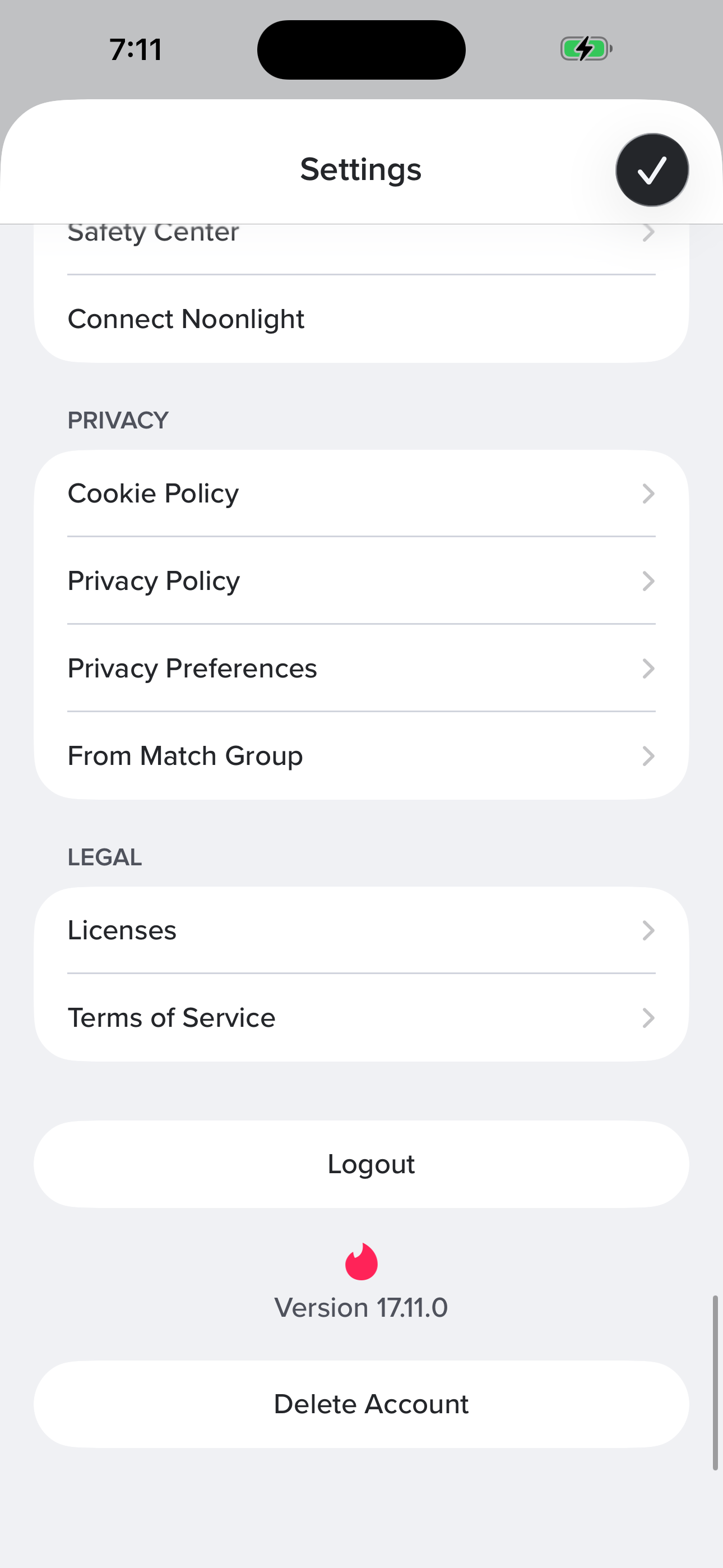Settings — Bottom (Privacy/Legal/Logout)