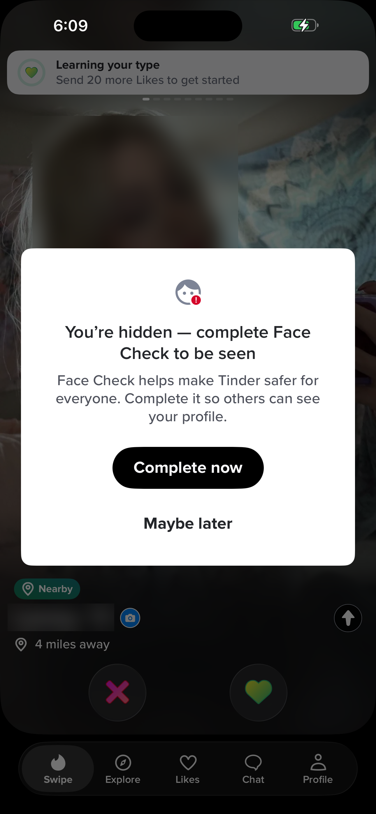 Tinder Like Blocked — Face Check Gate screen in Try to Like — blocked by Face Check flow