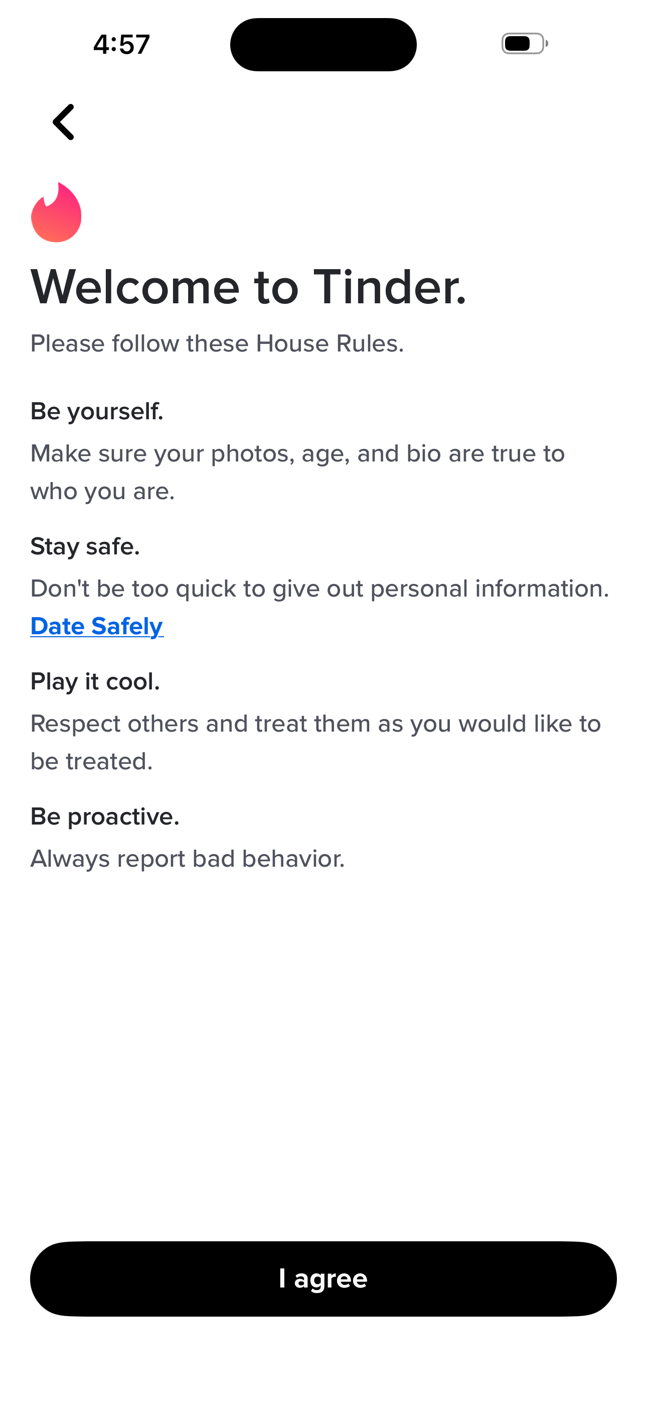 Tinder Welcome — House Rules screen in Sign up — basics (name → bio) flow