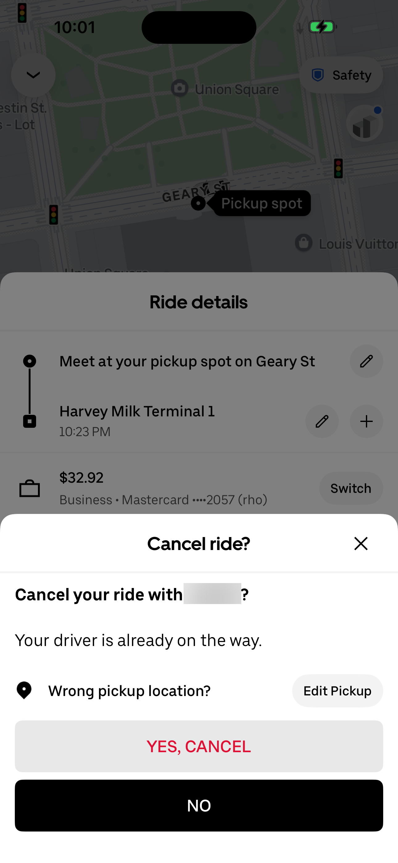 Cancel ride? — final confirm dialog