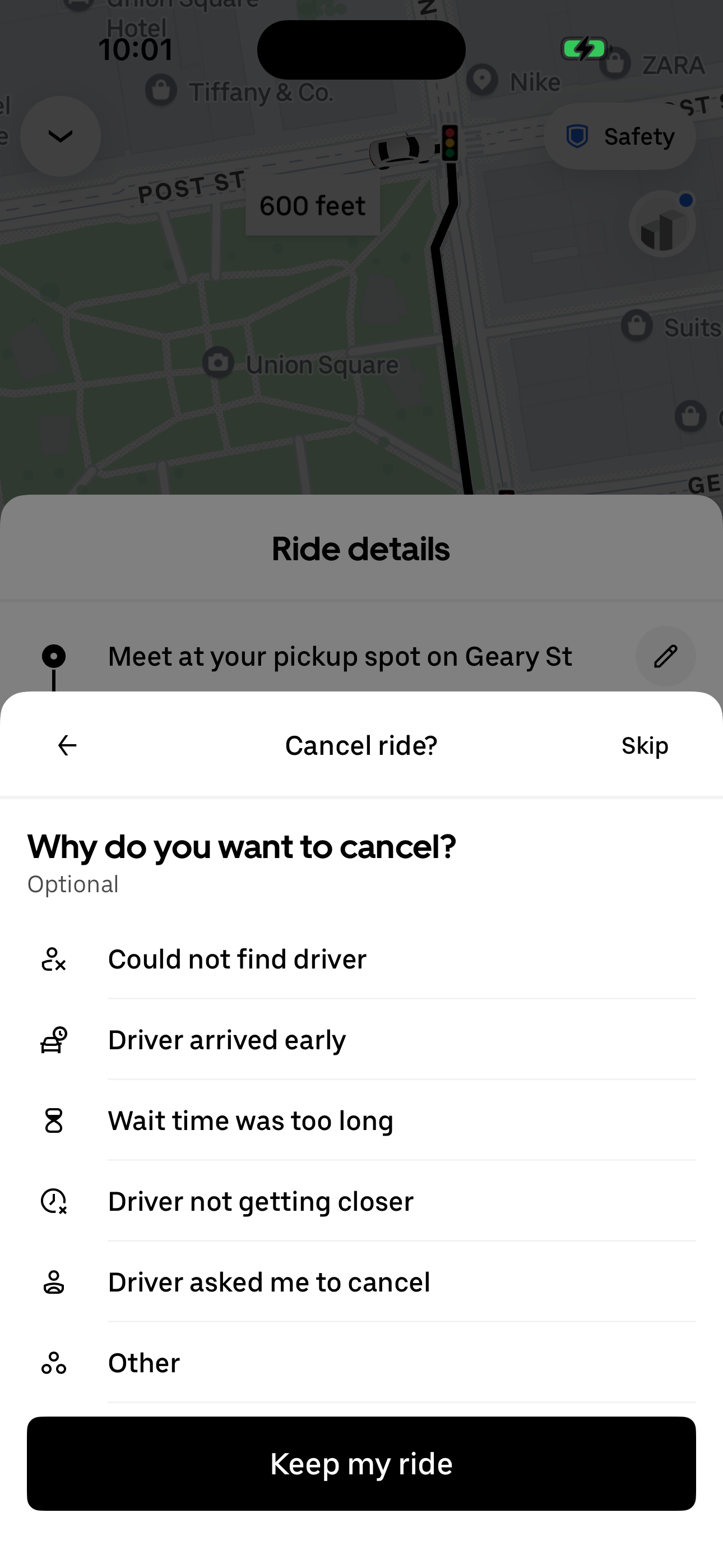 Cancel ride? — reason picker