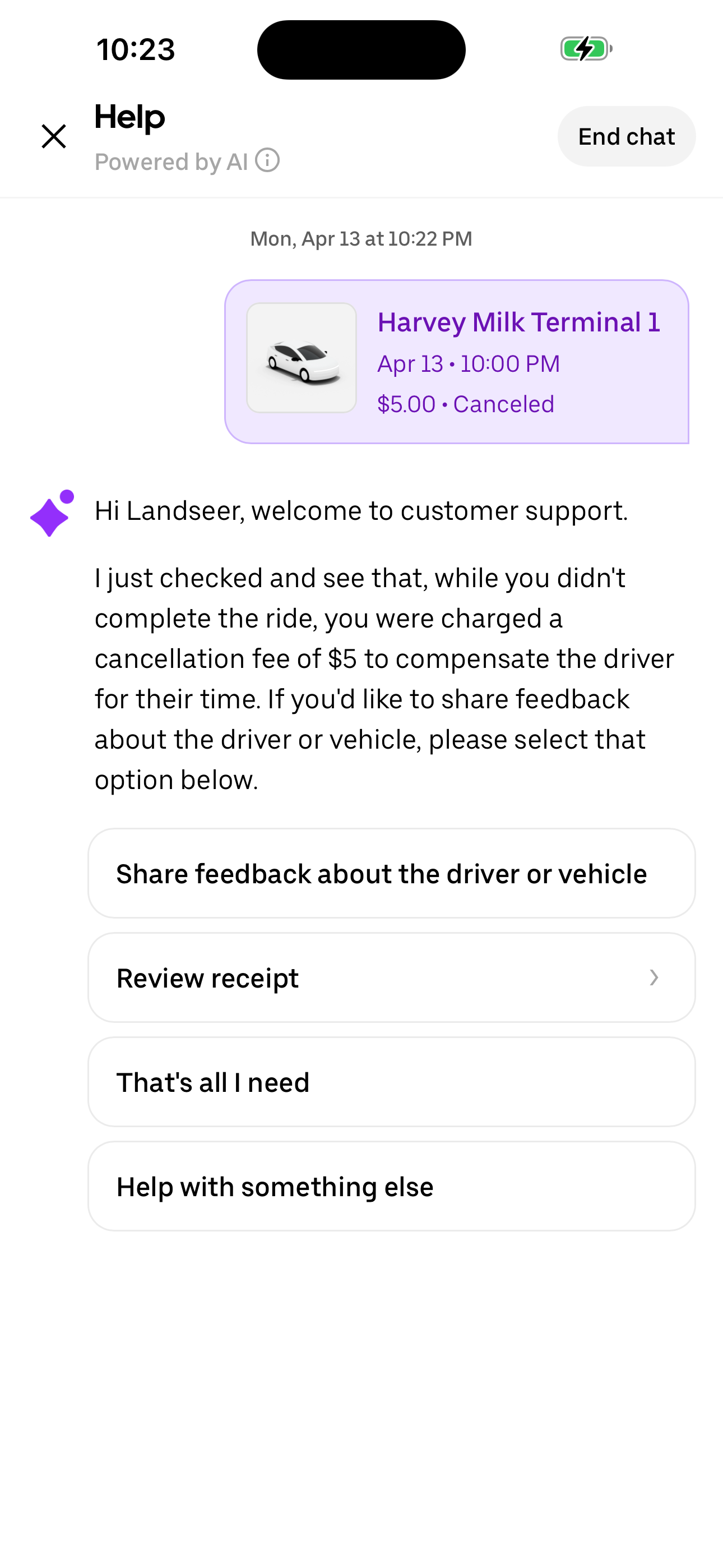 Help chat — AI bot response
