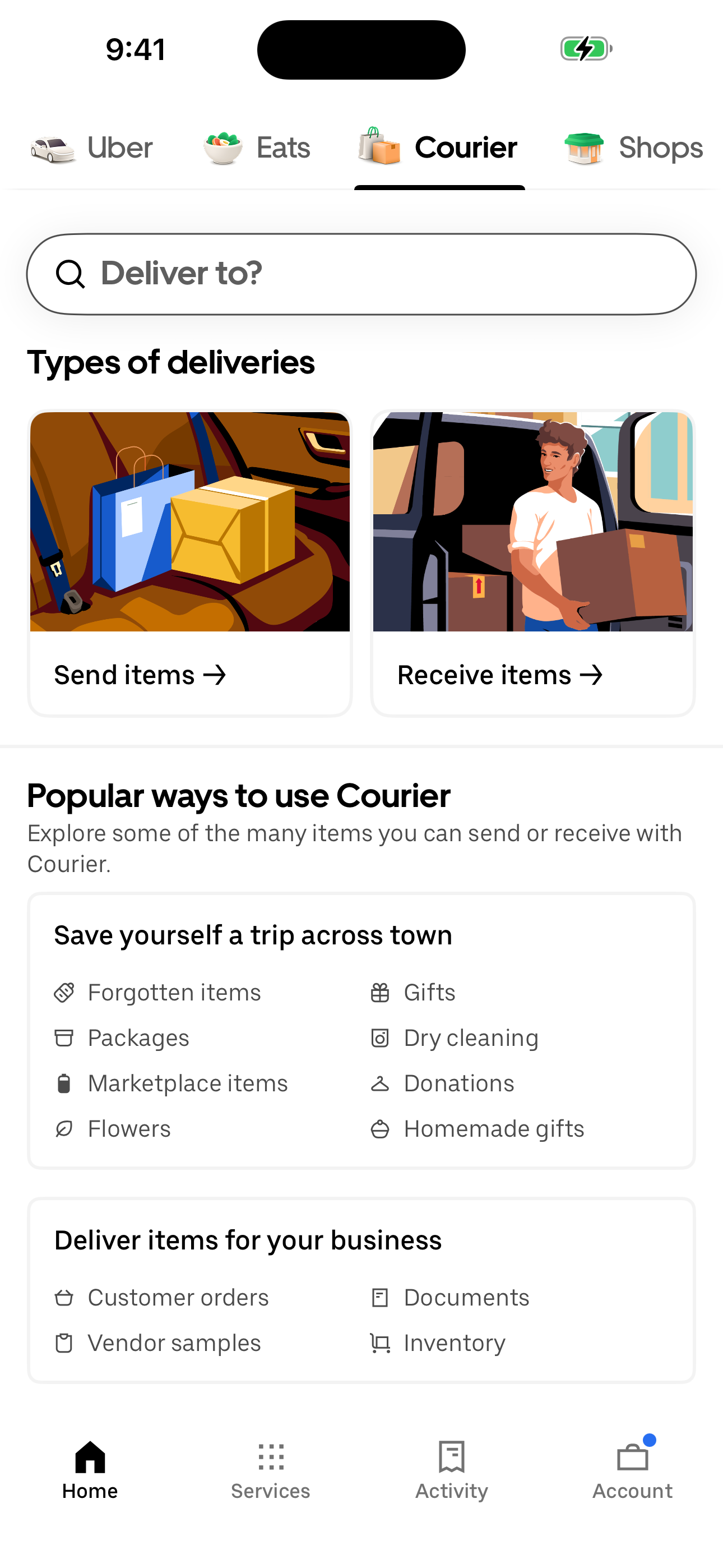 Home — Courier tab (package delivery)