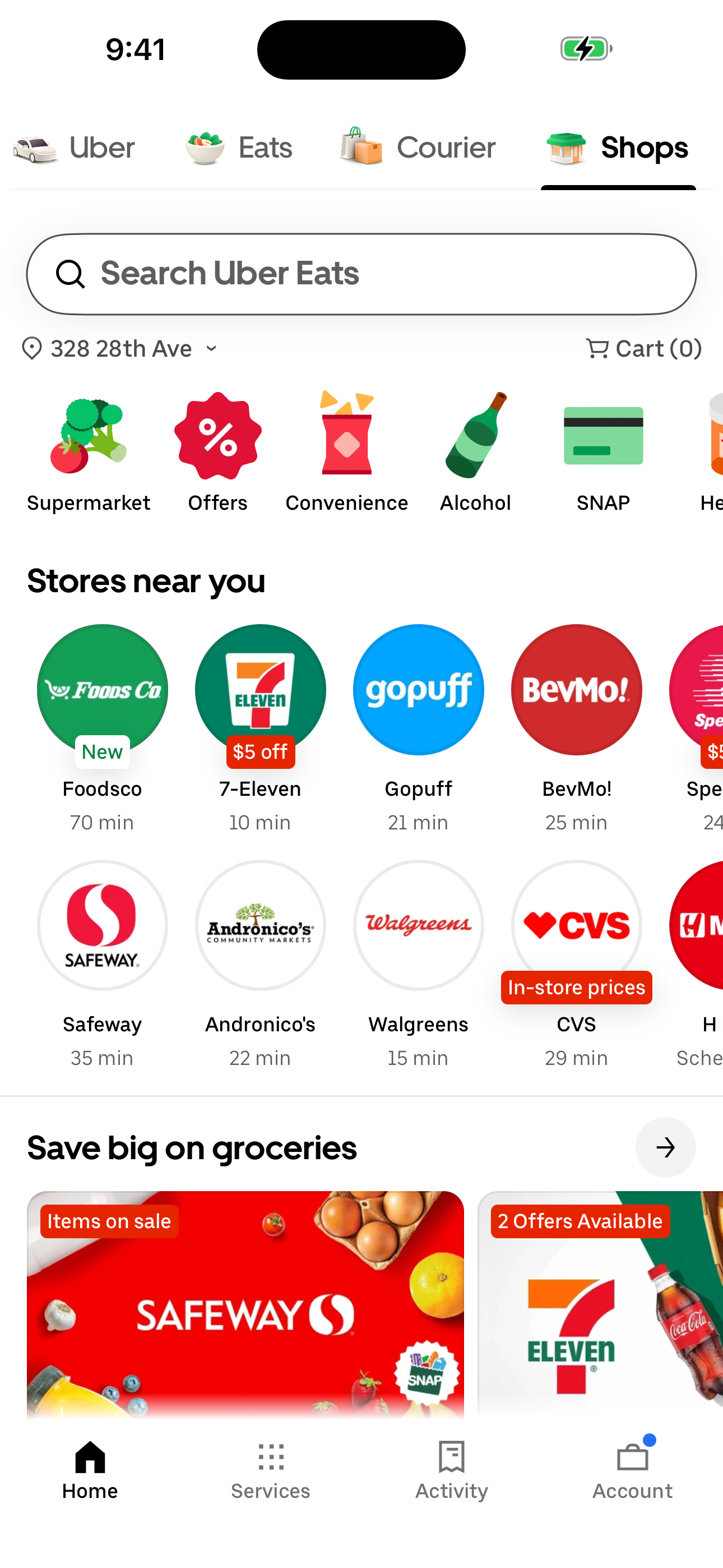 Home — Shops tab (retail/grocery)