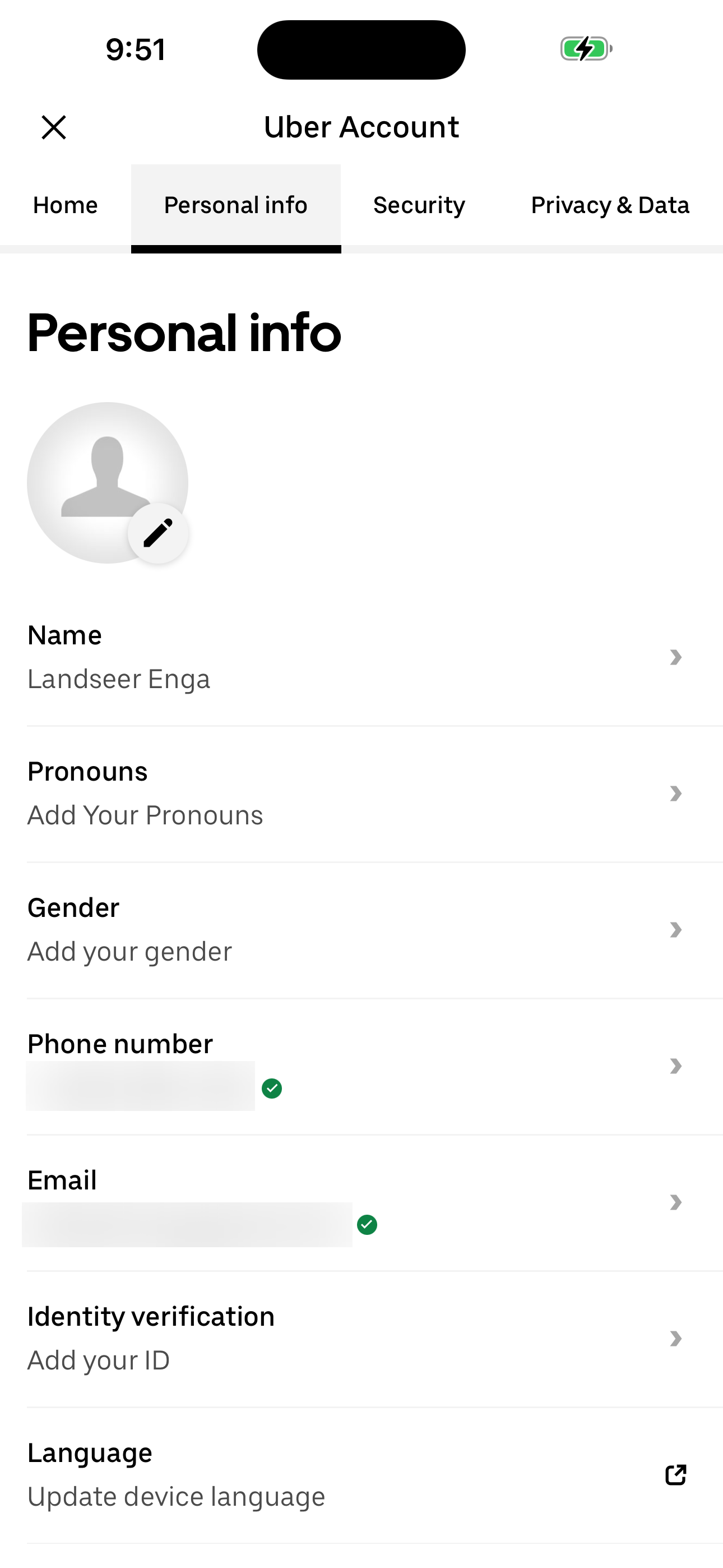 Uber Account — Personal info