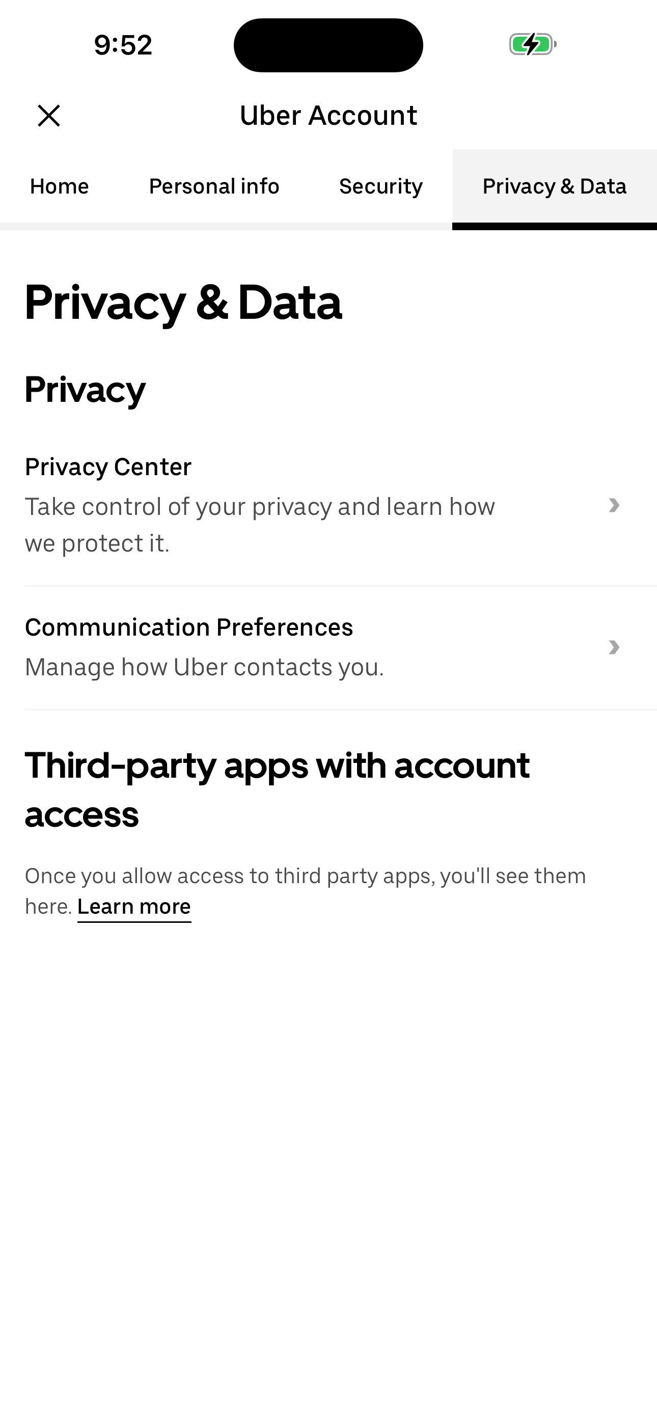 Uber Account — Privacy & Data
