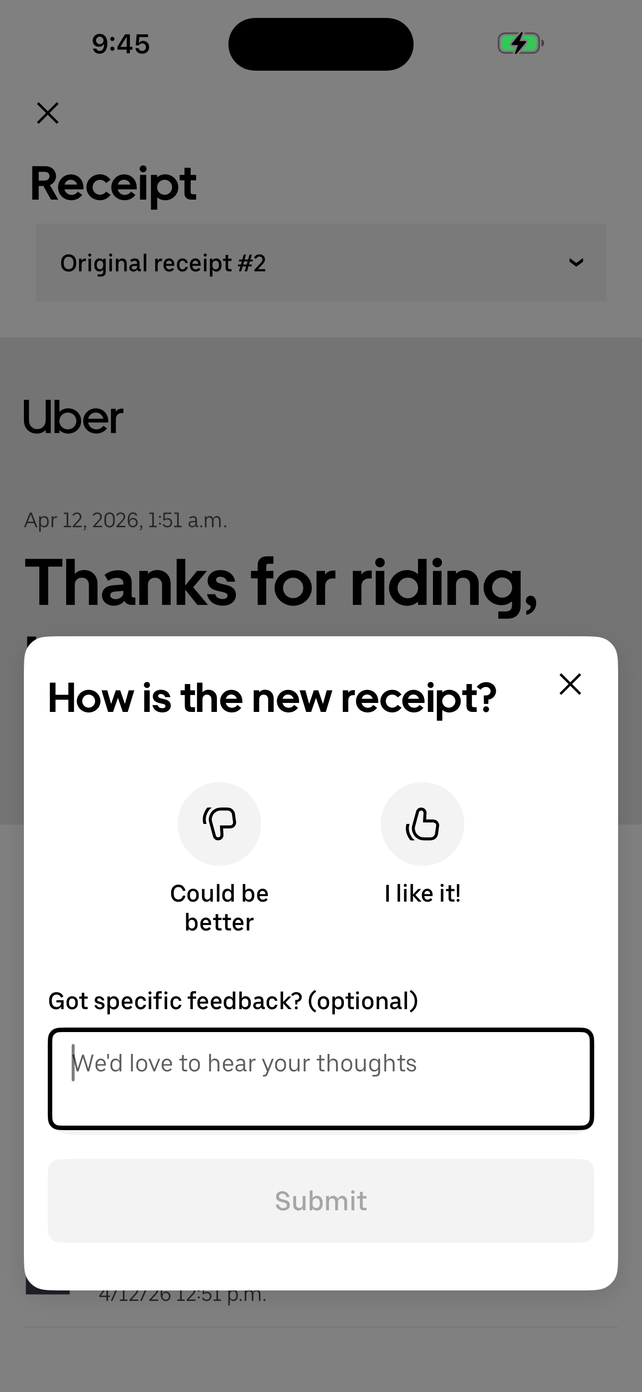 Receipt feedback modal