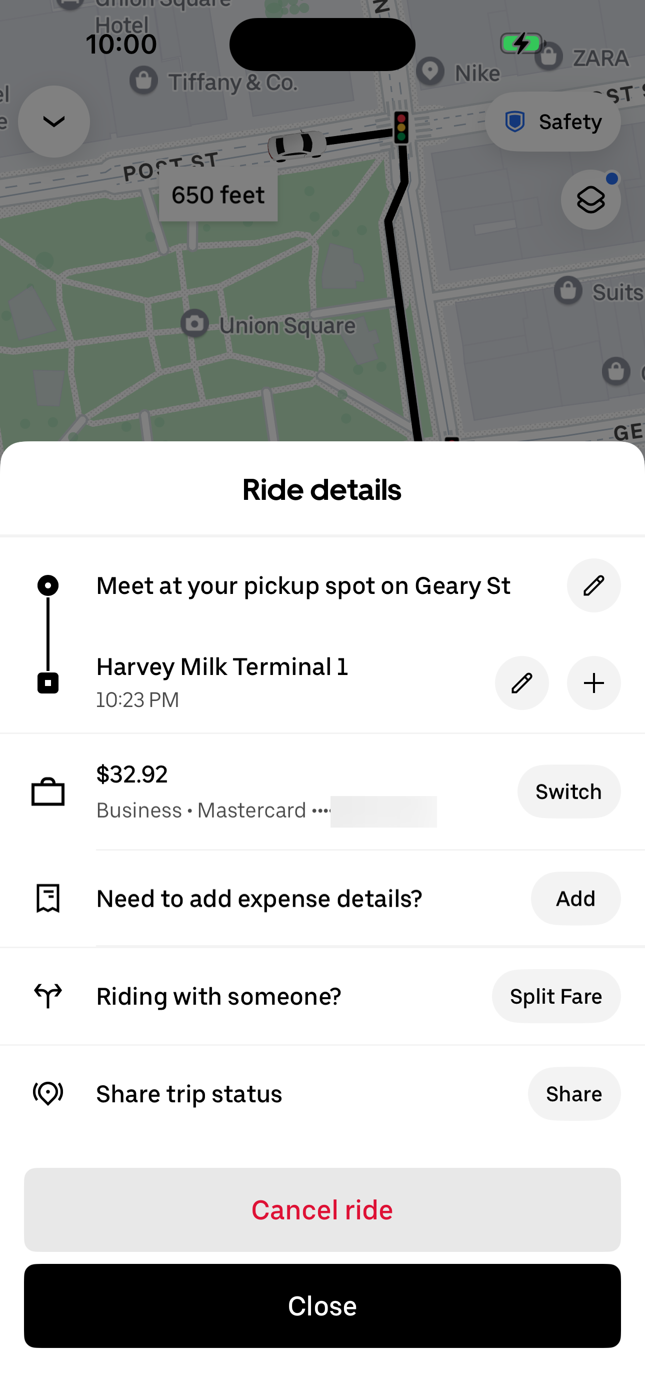 Ride details modal (with Cancel)