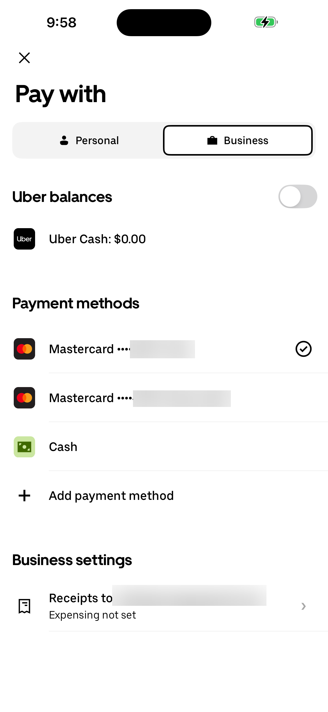 Pay with — ride payment picker