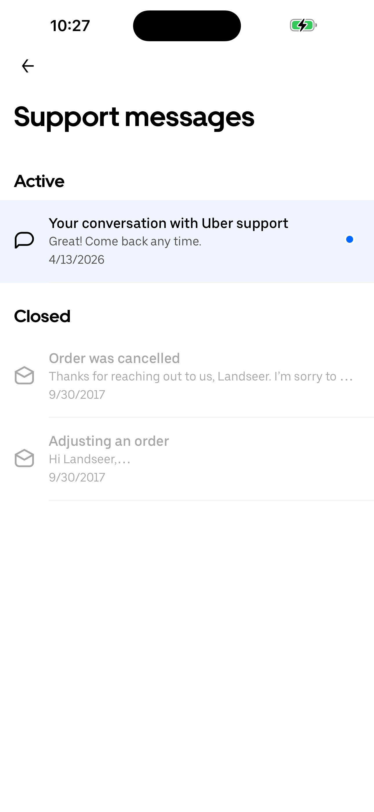 Support messages (inbox)
