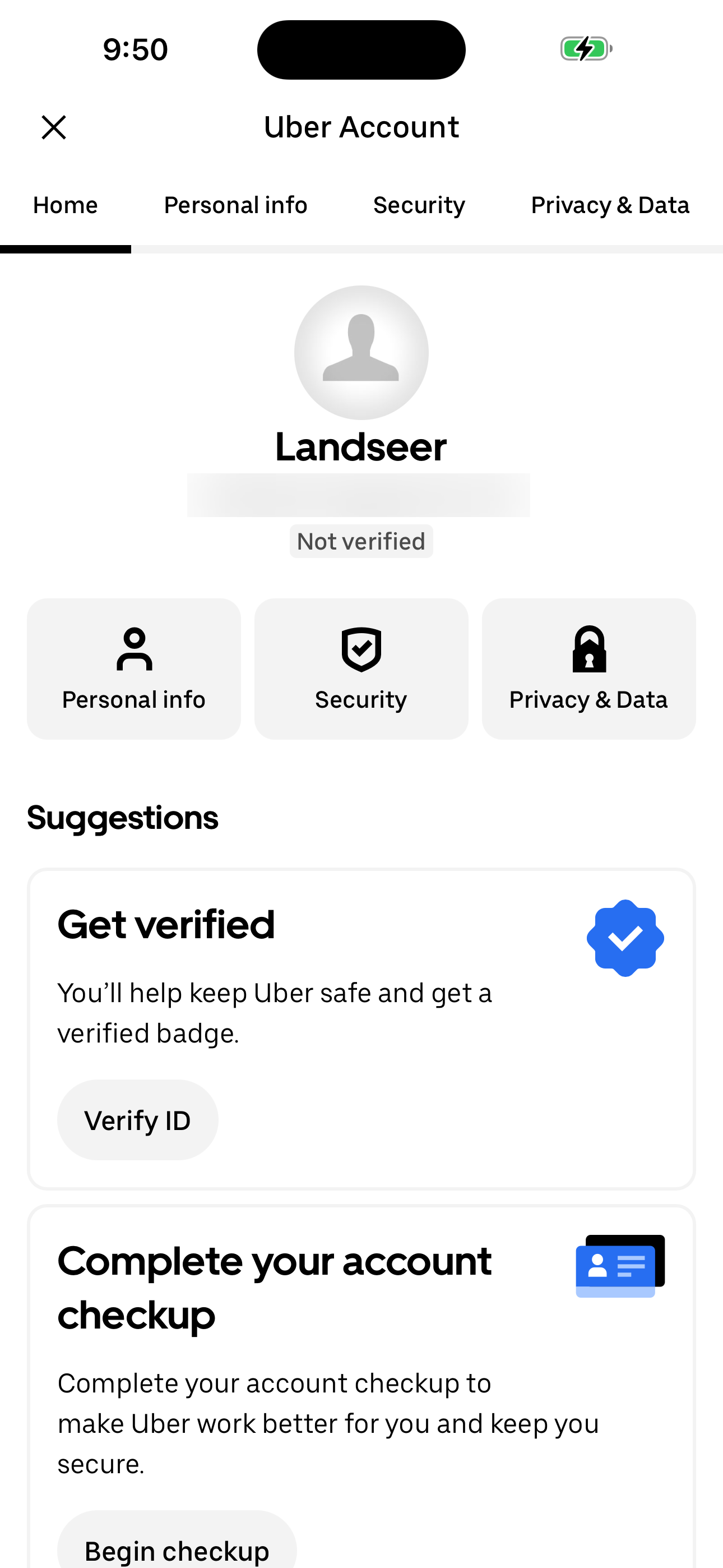 Uber Account — Home sub-tab