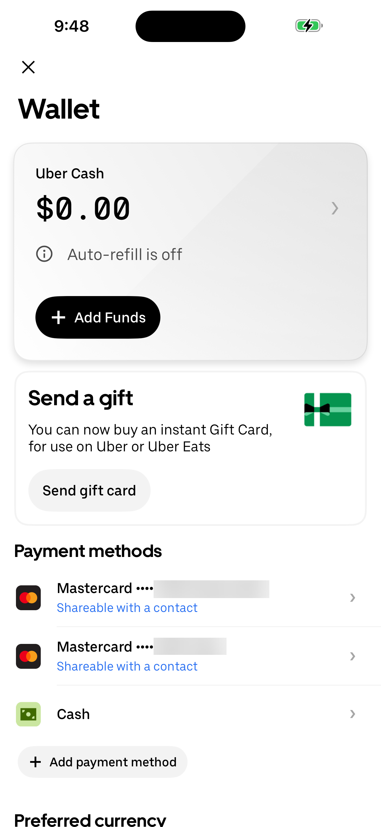 Wallet — payment methods + Uber Cash