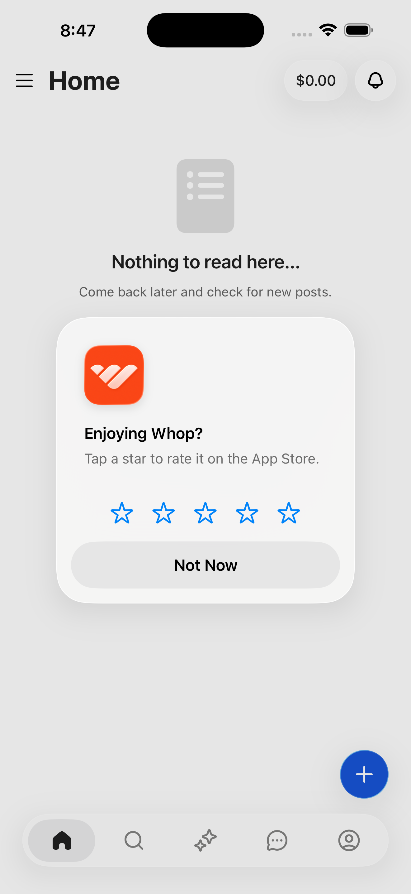Whop Home (empty feed) screen in Sign in + reach home flow