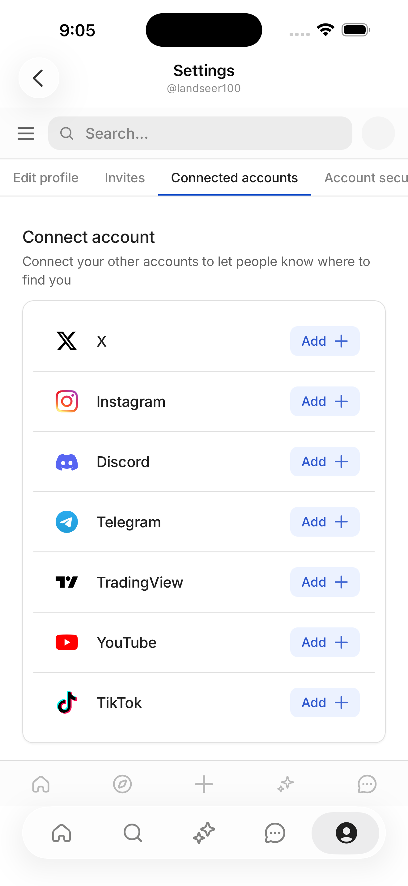 Settings — Connected accounts (X/IG/Discord/Telegram/TradingView/YouTube/TikTok)