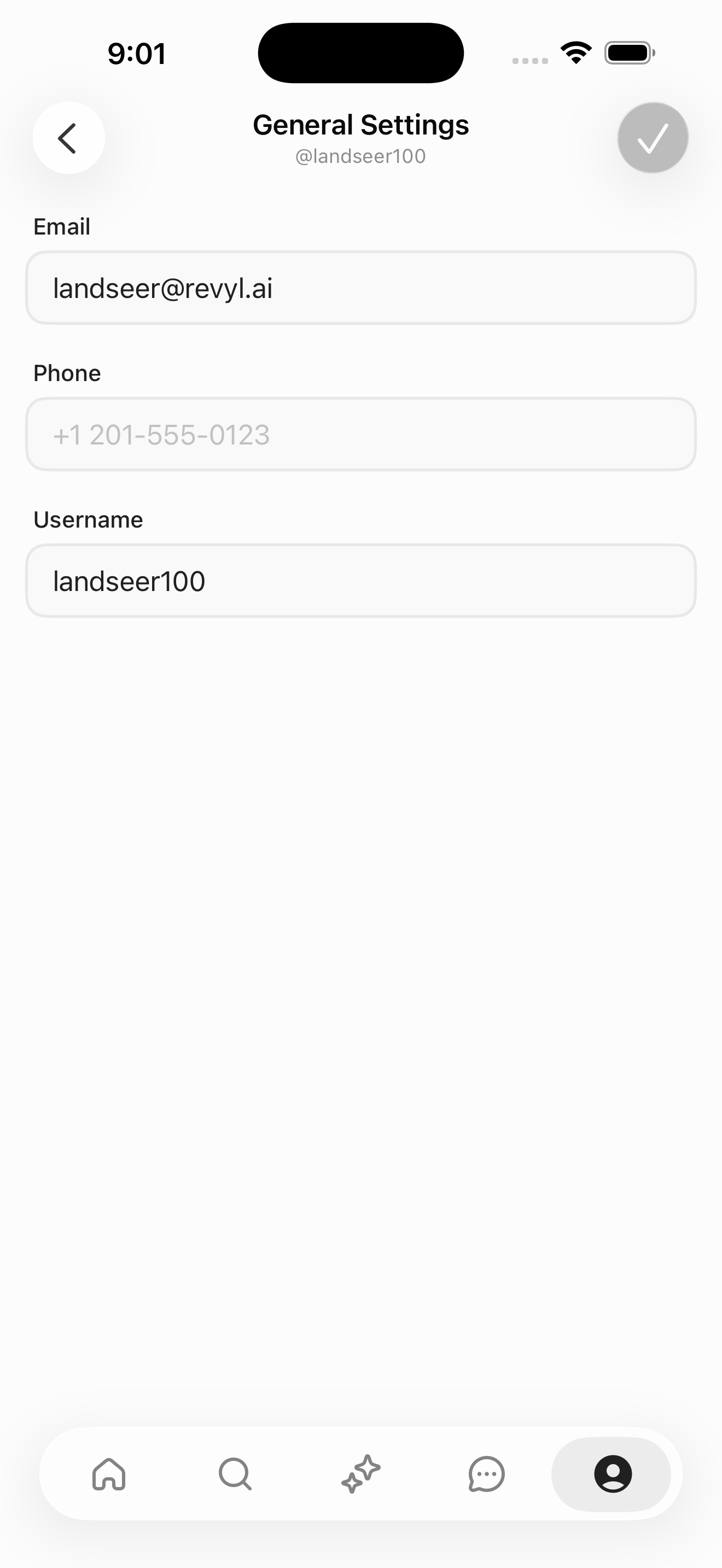 General Settings (email/phone/username form)