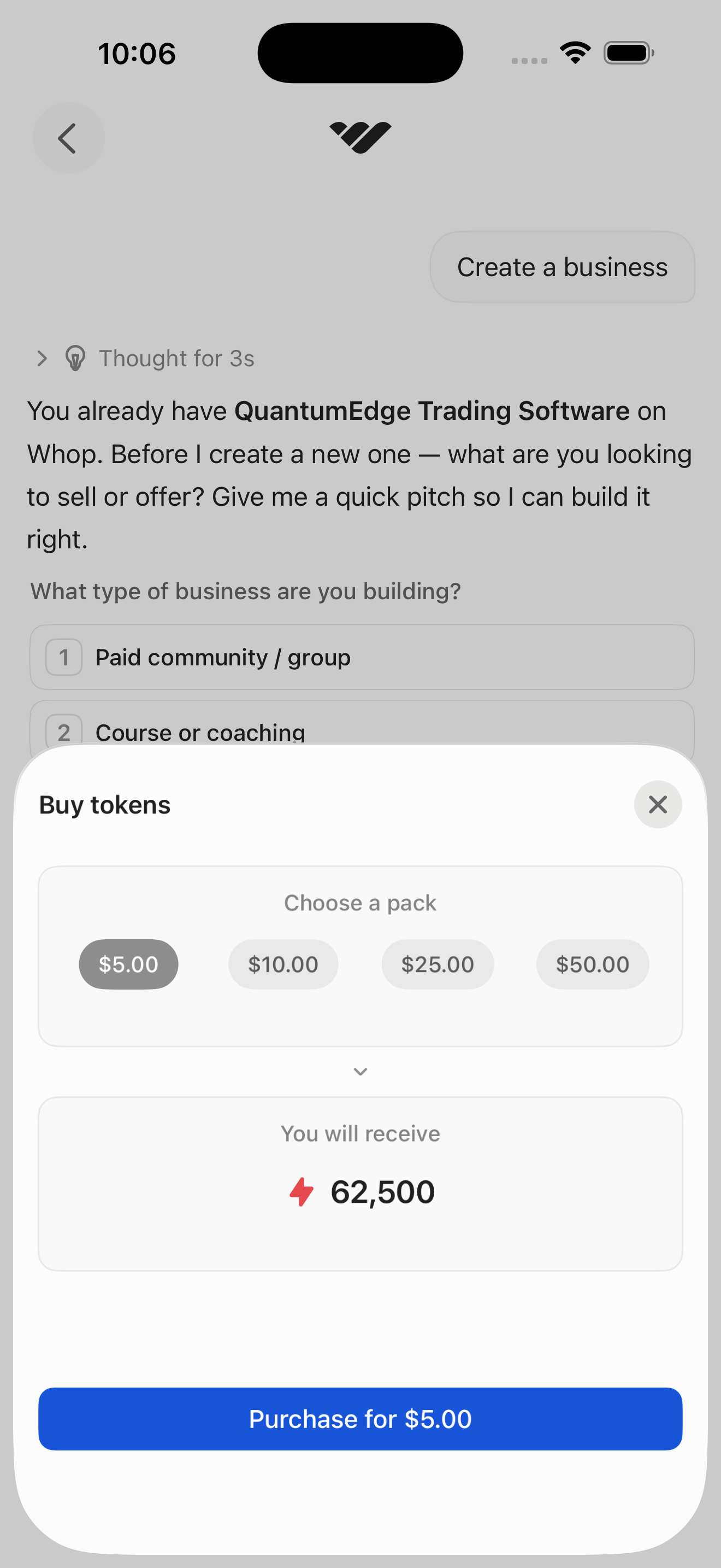 Buy tokens sheet (AI credits purchase)
