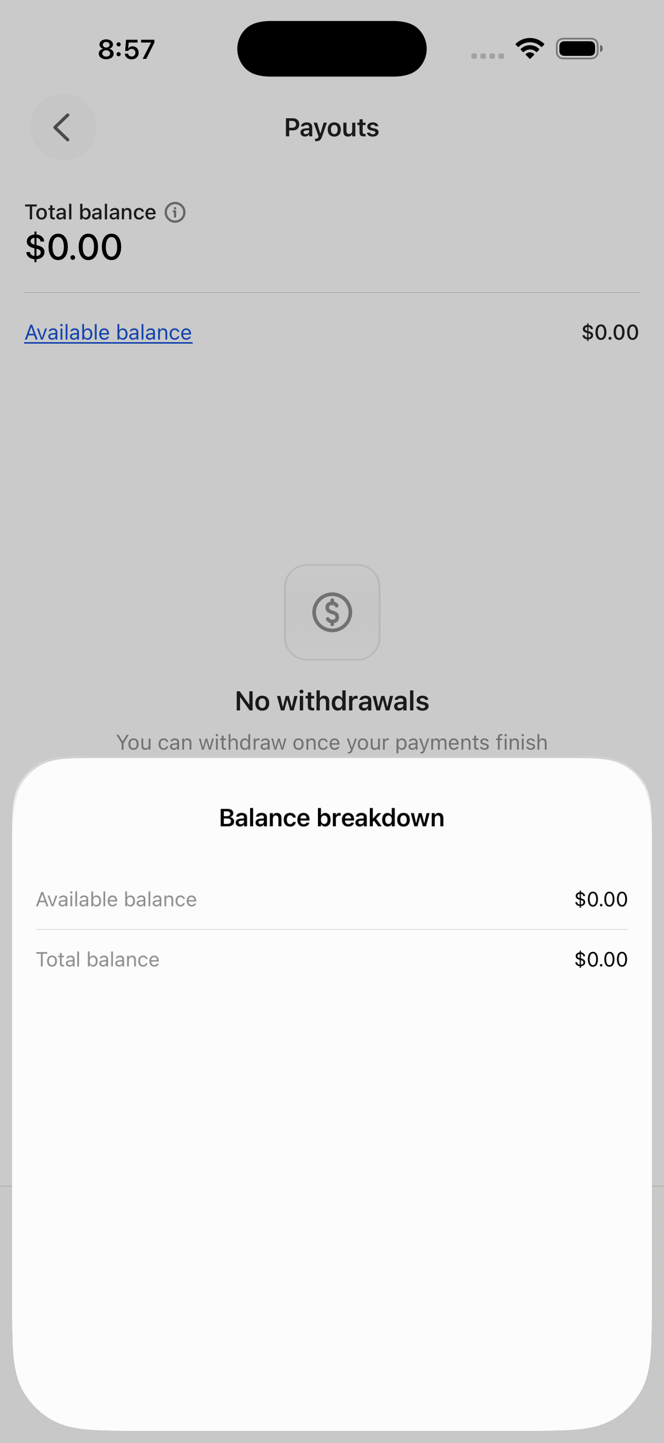 Balance breakdown — bottom sheet