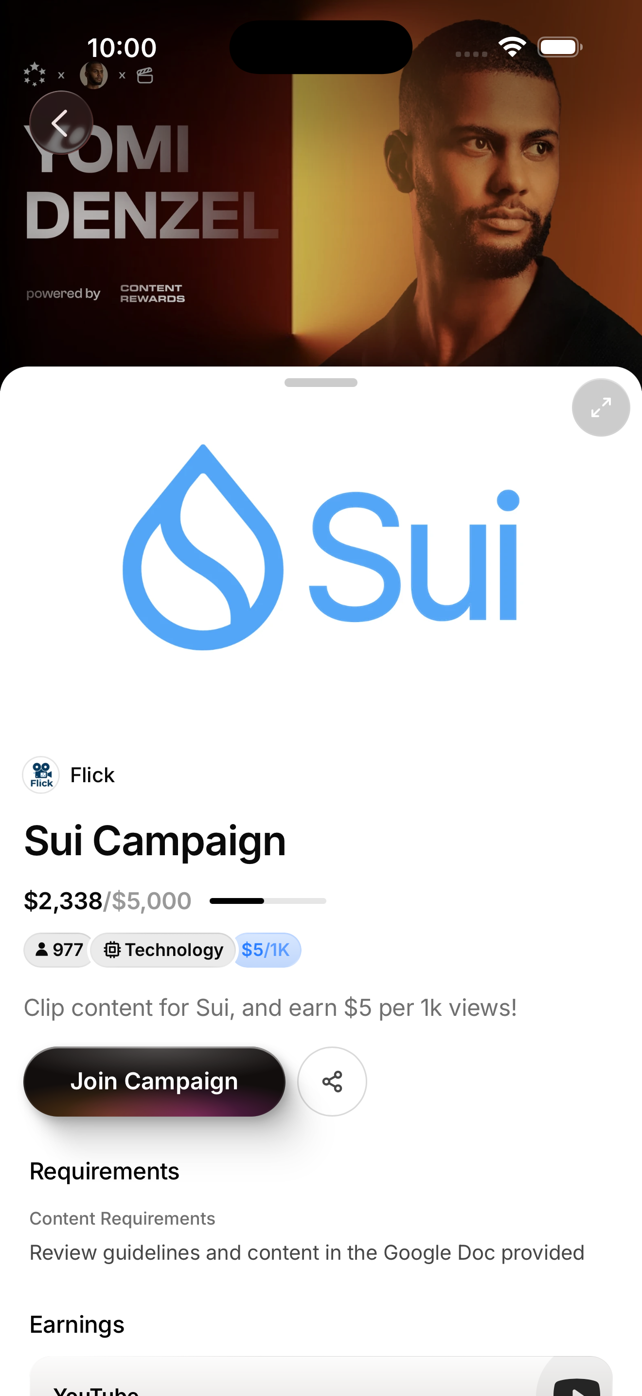 Whop Sui Campaign — bounty detail sheet screen in Browse bounty campaigns flow