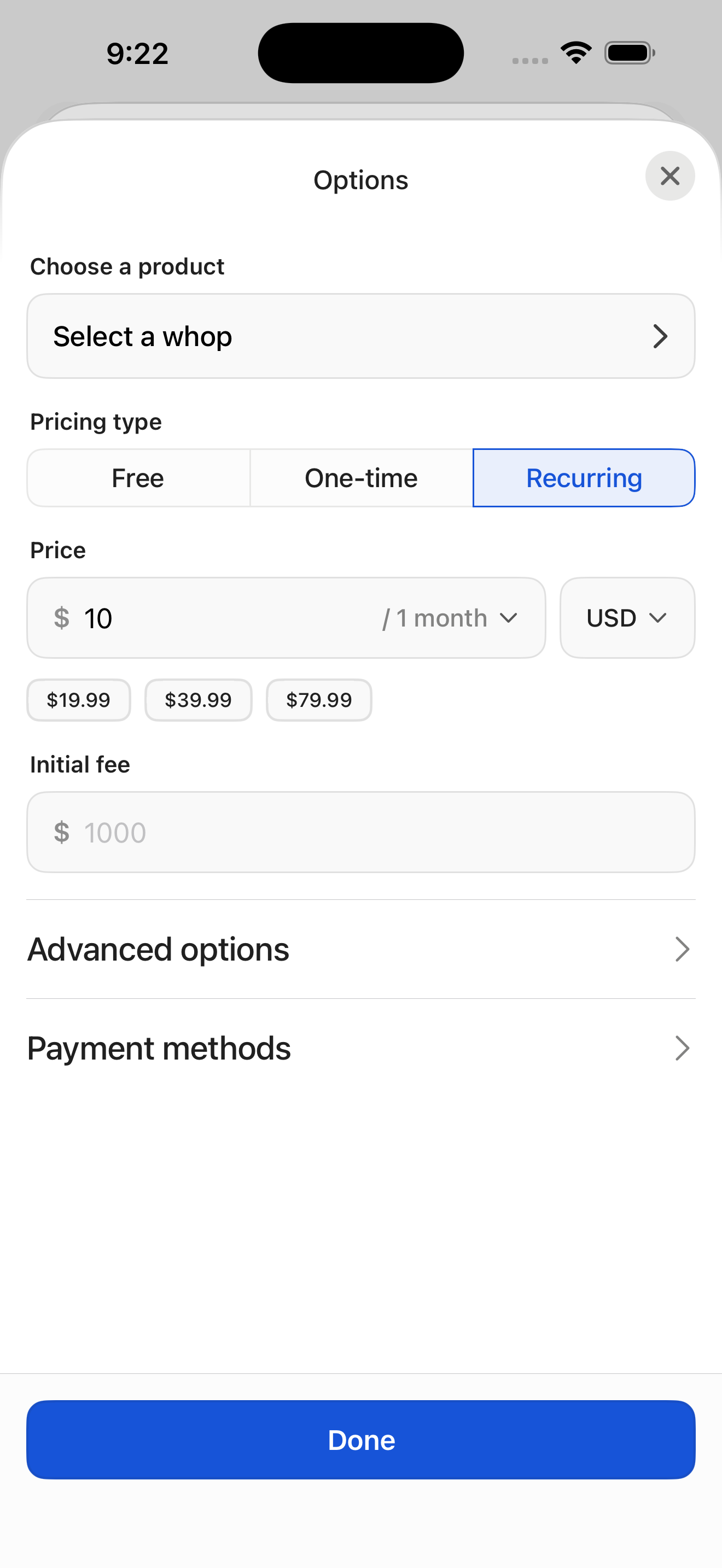 Create checkout — Options sheet