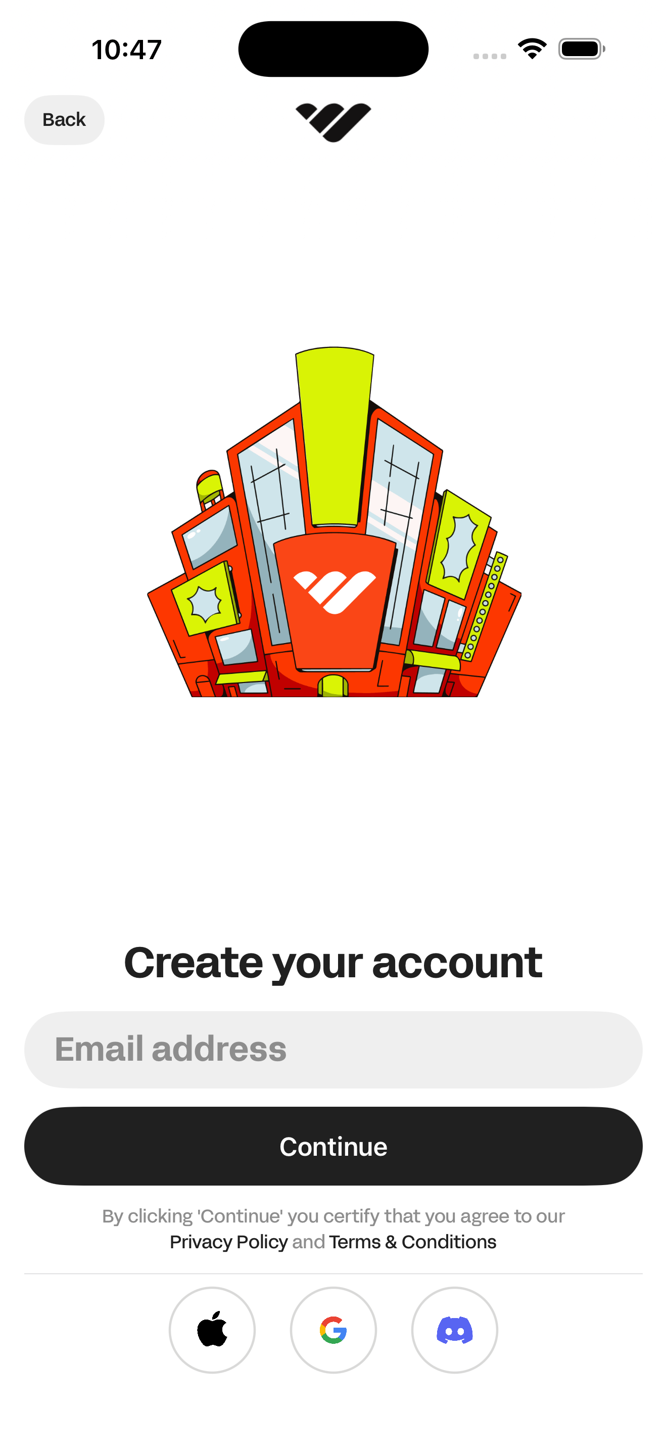 Whop Create your account — Email entry screen in Create a new Whop account flow