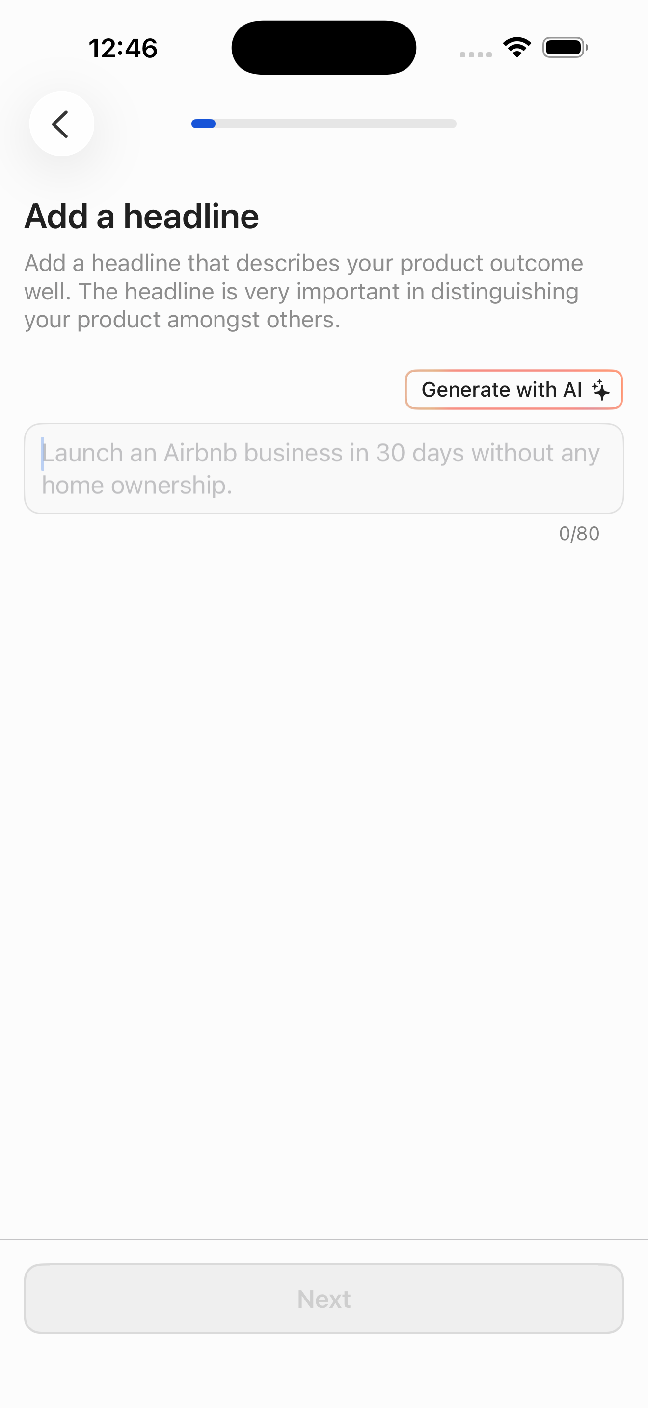 Create product — step 2: headline